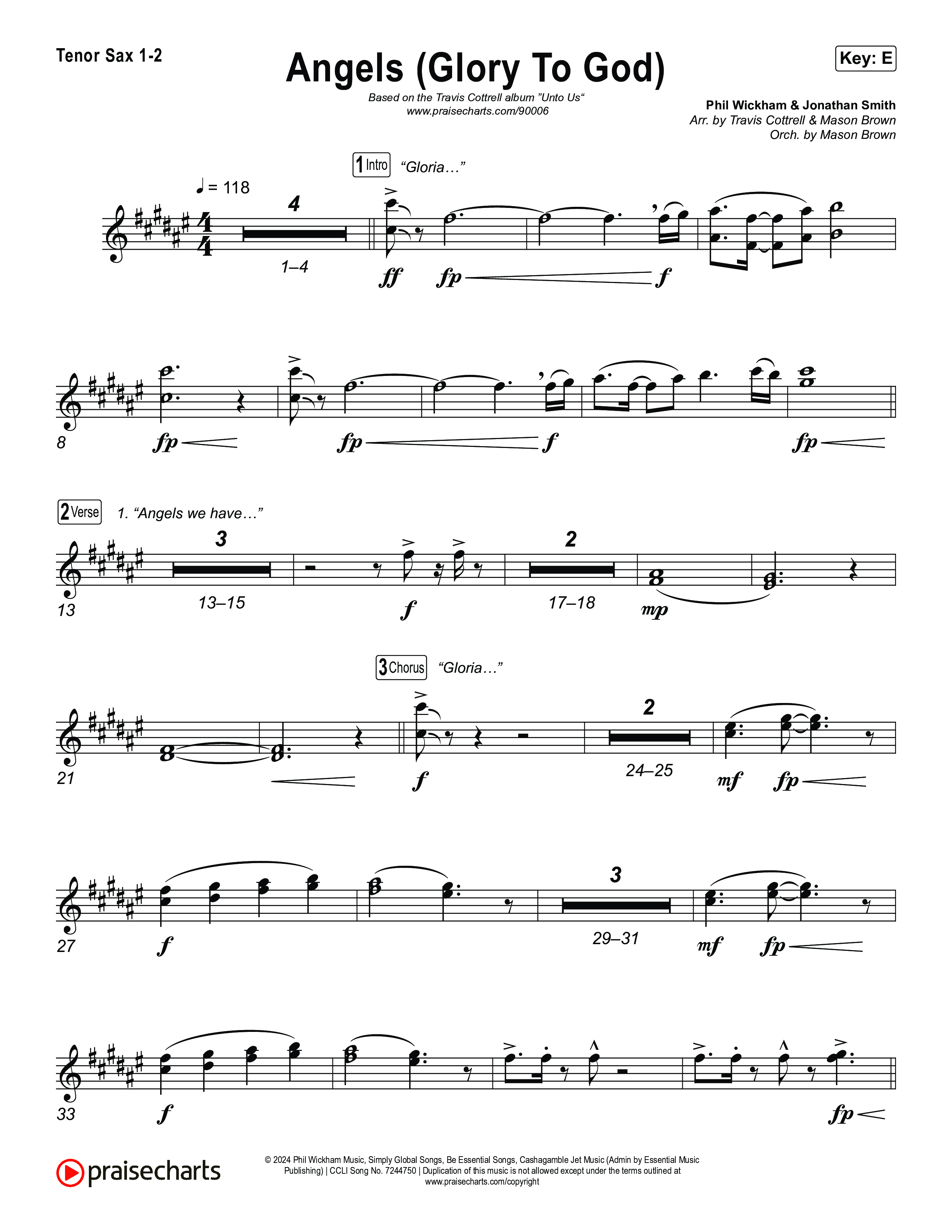 Angels (Glory To God) (Choral/SATB) Tenor Sax 1,2 (Travis Cottrell / Arr. Mason Brown)