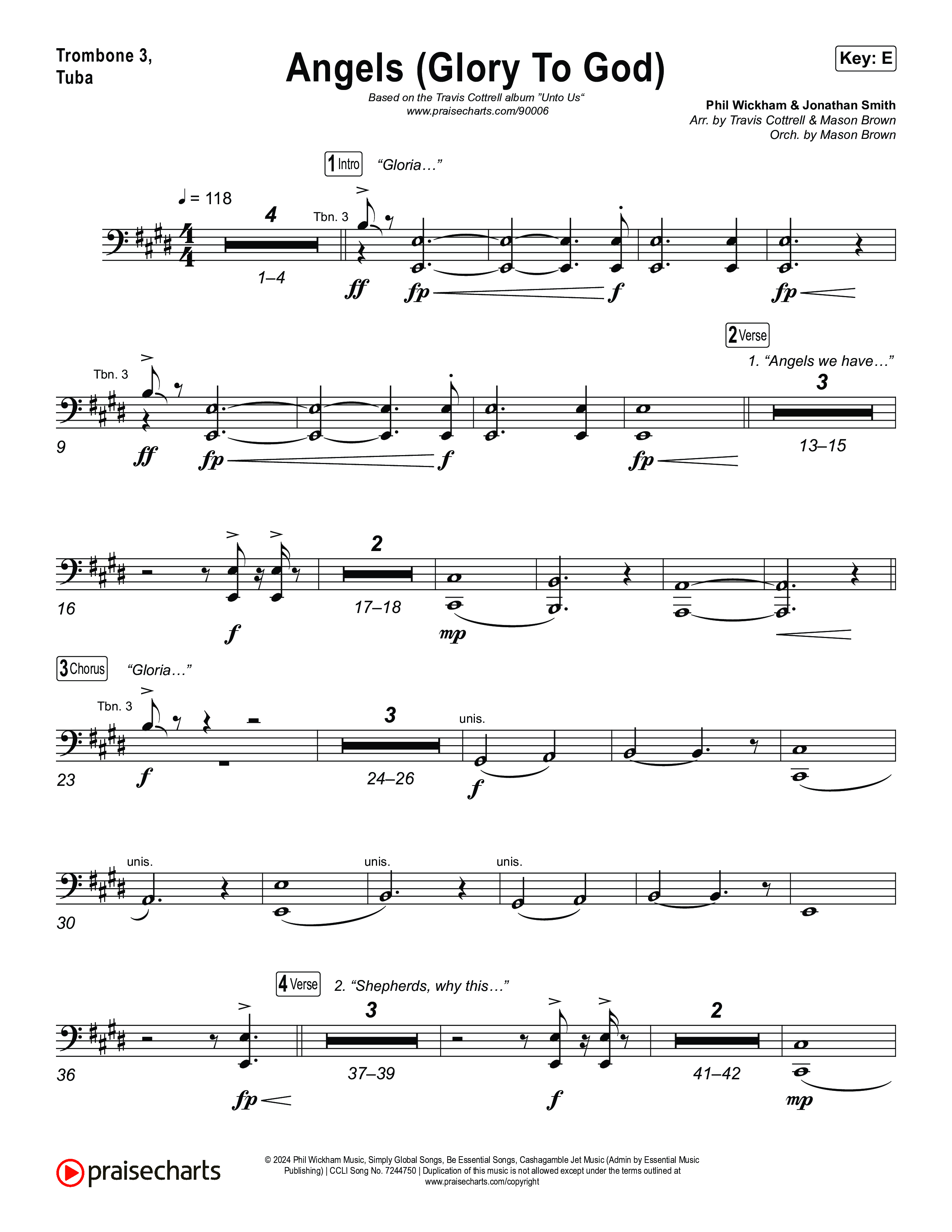 Angels (Glory To God) (Choral/SATB) Trombone 3/Tuba (Travis Cottrell / Arr. Mason Brown)