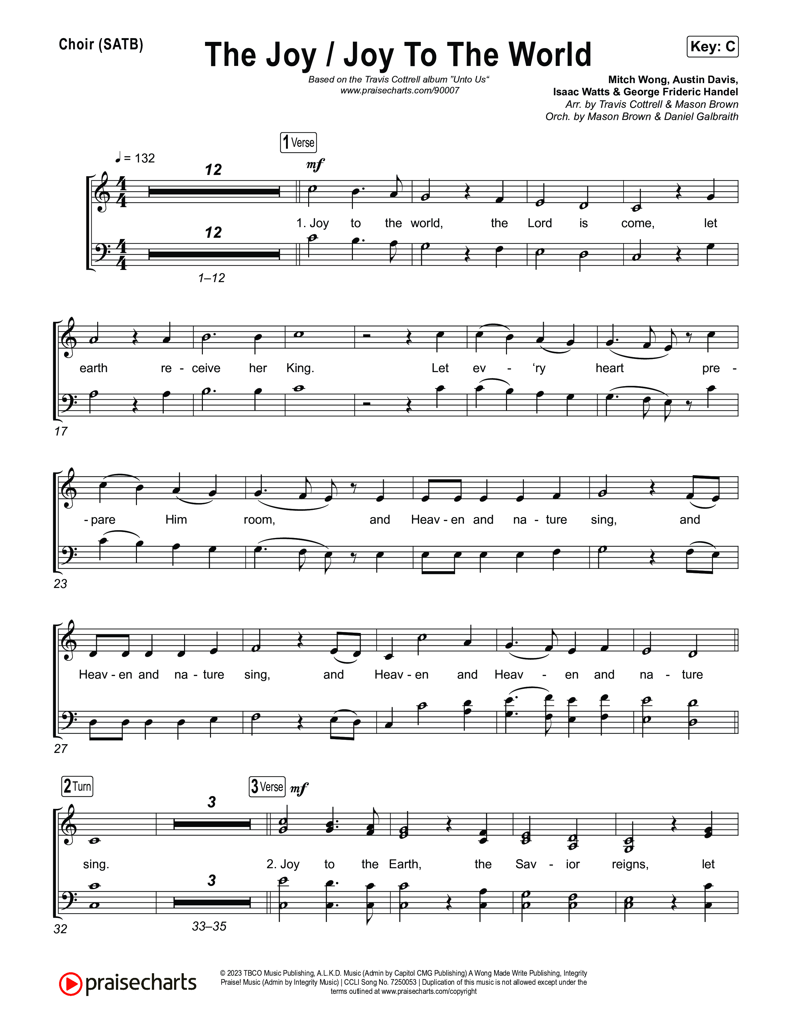 The Joy / Joy To The World (Choral/SATB) Choir Sheet (SATB) (Travis Cottrell / Arr. Mason Brown / Arr. Daniel Galbraith)
