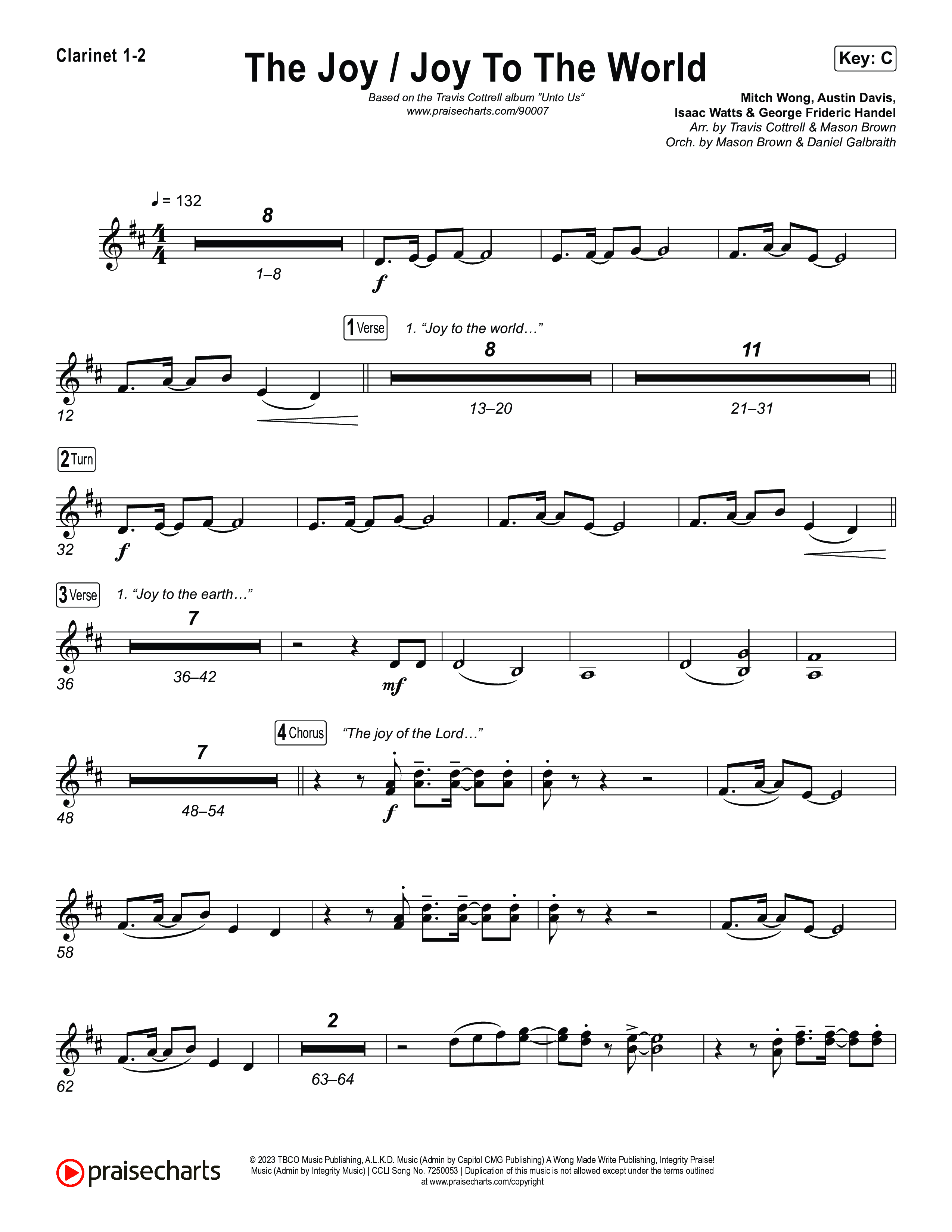 The Joy / Joy To The World (Choral/SATB) Clarinet 1,2 (Travis Cottrell / Arr. Mason Brown / Arr. Daniel Galbraith)