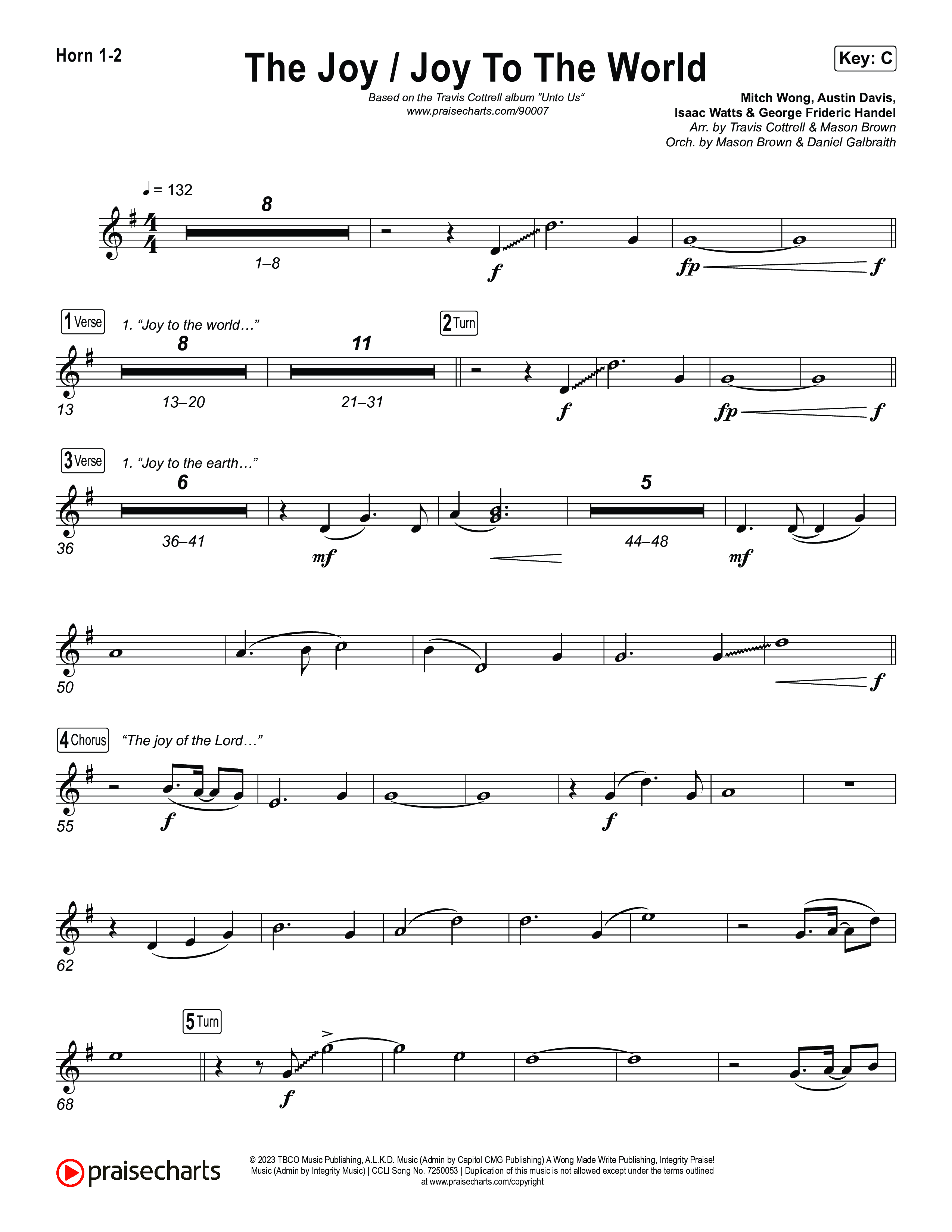 The Joy / Joy To The World (Choral/SATB) French Horn 1,2 (Travis Cottrell / Arr. Mason Brown / Arr. Daniel Galbraith)