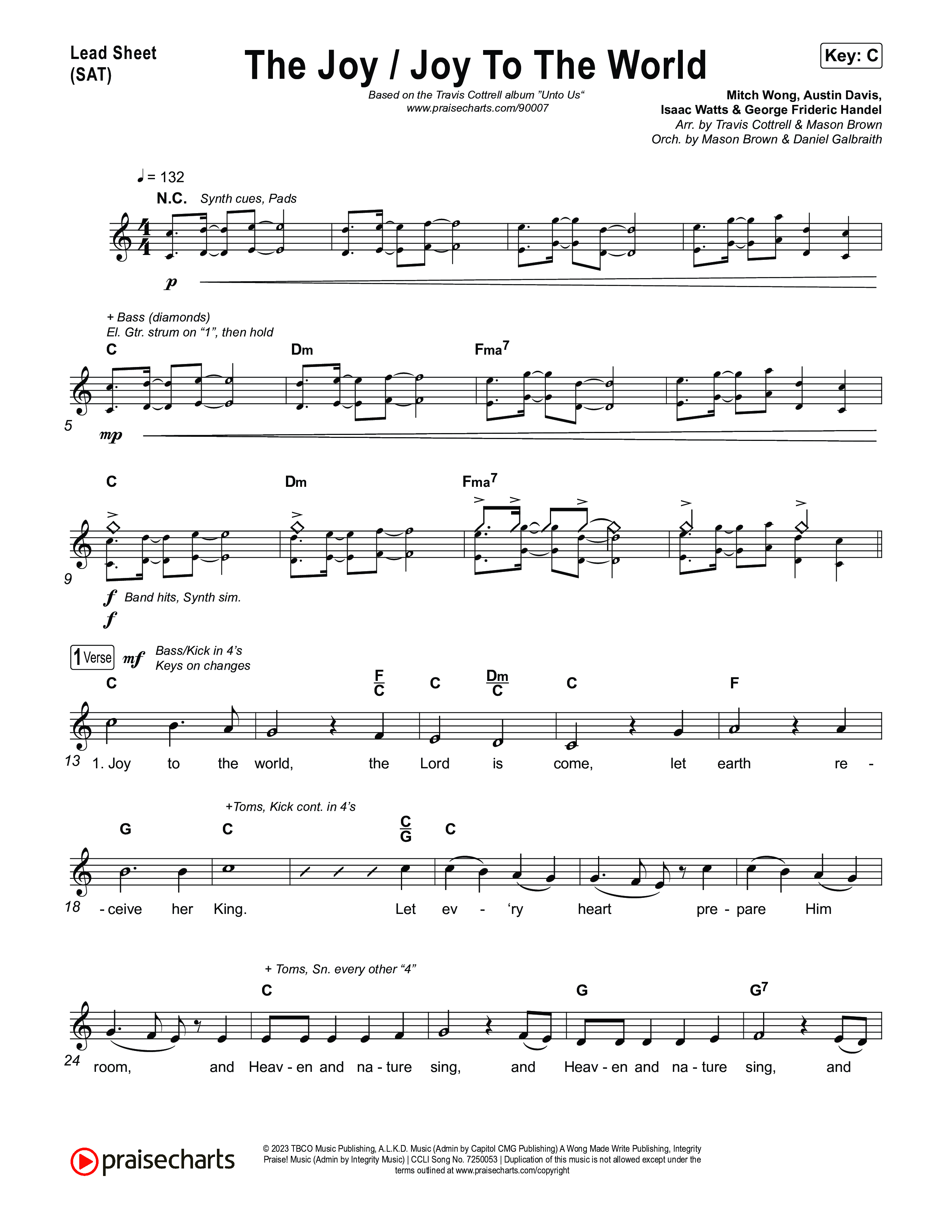 The Joy / Joy To The World (Choral/SATB) Lead Sheet (SAT) (Travis Cottrell / Arr. Mason Brown / Arr. Daniel Galbraith)