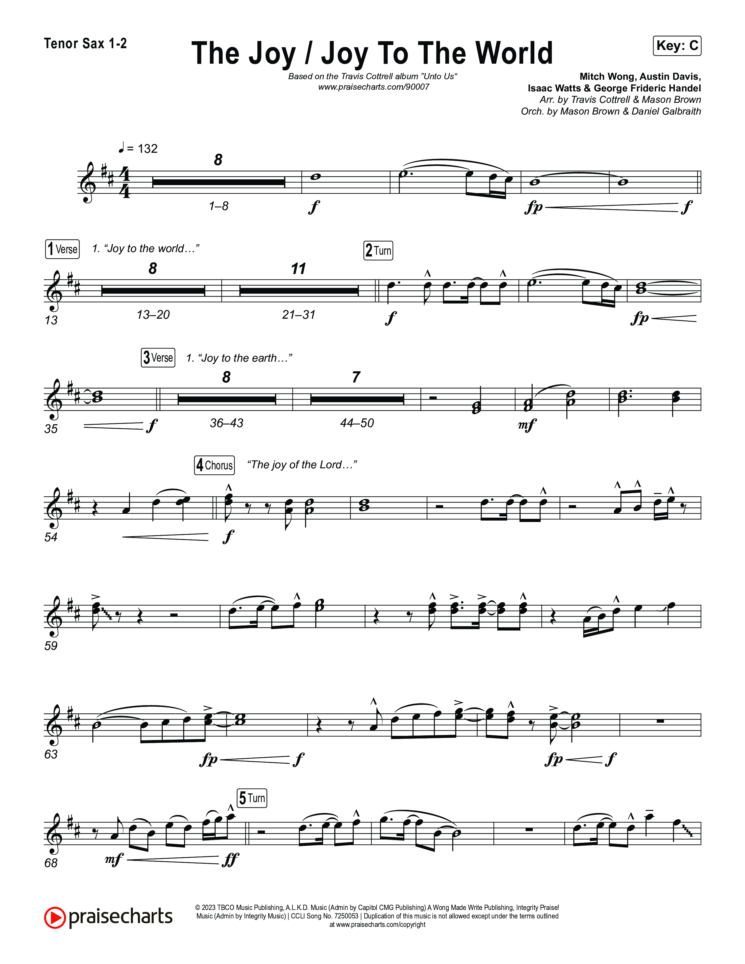 The Joy / Joy To The World (Choral/SATB) Tenor Sax 1,2 (Travis Cottrell / Arr. Mason Brown / Arr. Daniel Galbraith)