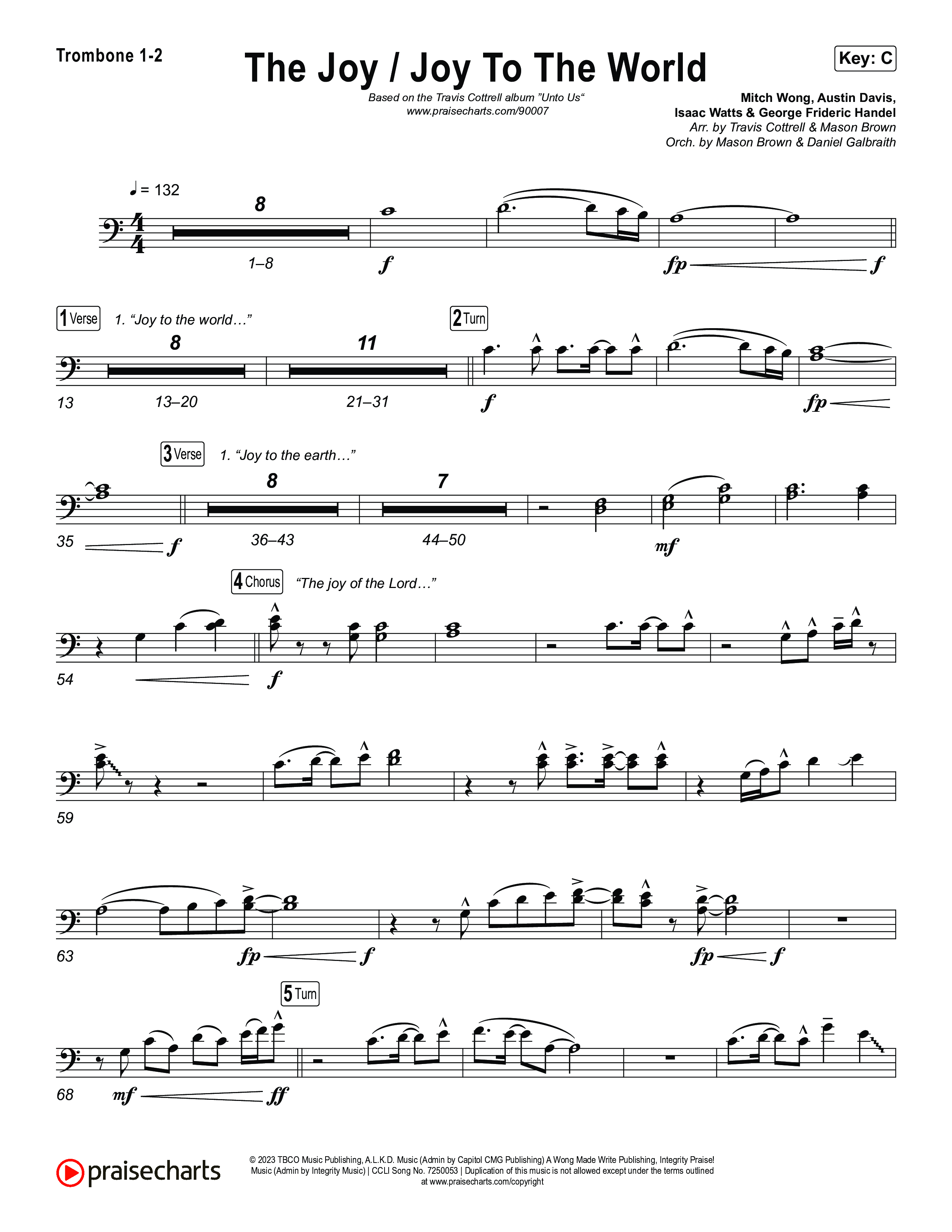 The Joy / Joy To The World (Choral/SATB) Trombone 1,2 (Travis Cottrell / Arr. Mason Brown / Arr. Daniel Galbraith)