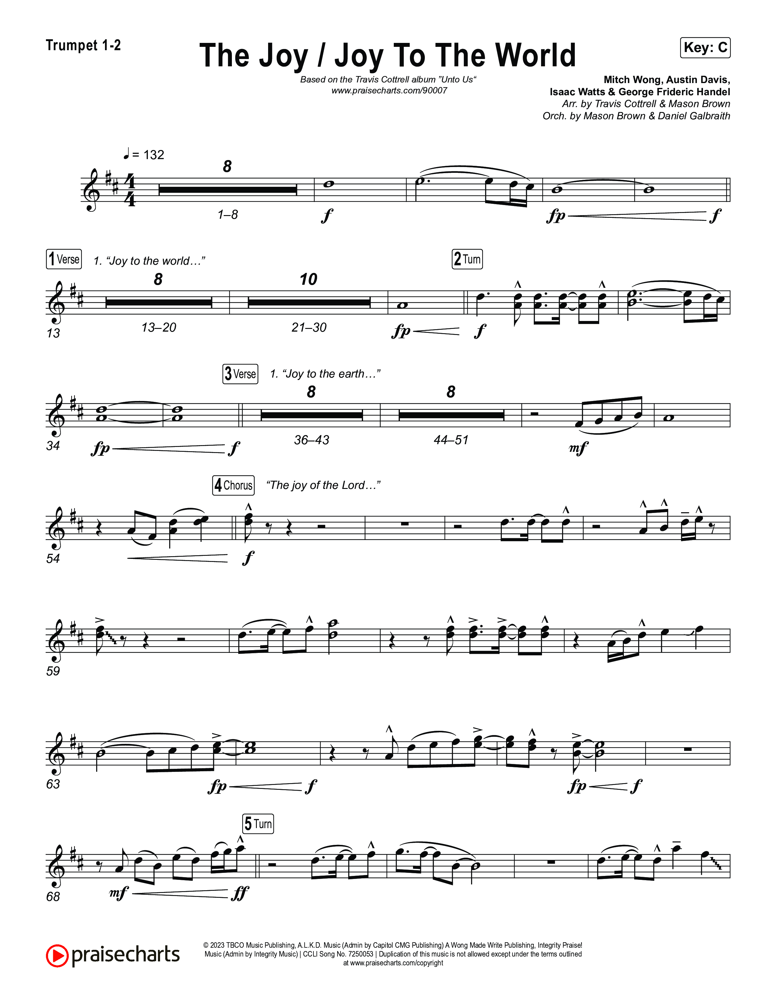 The Joy / Joy To The World (Choral/SATB) Trumpet 1,2 (Travis Cottrell / Arr. Mason Brown / Arr. Daniel Galbraith)