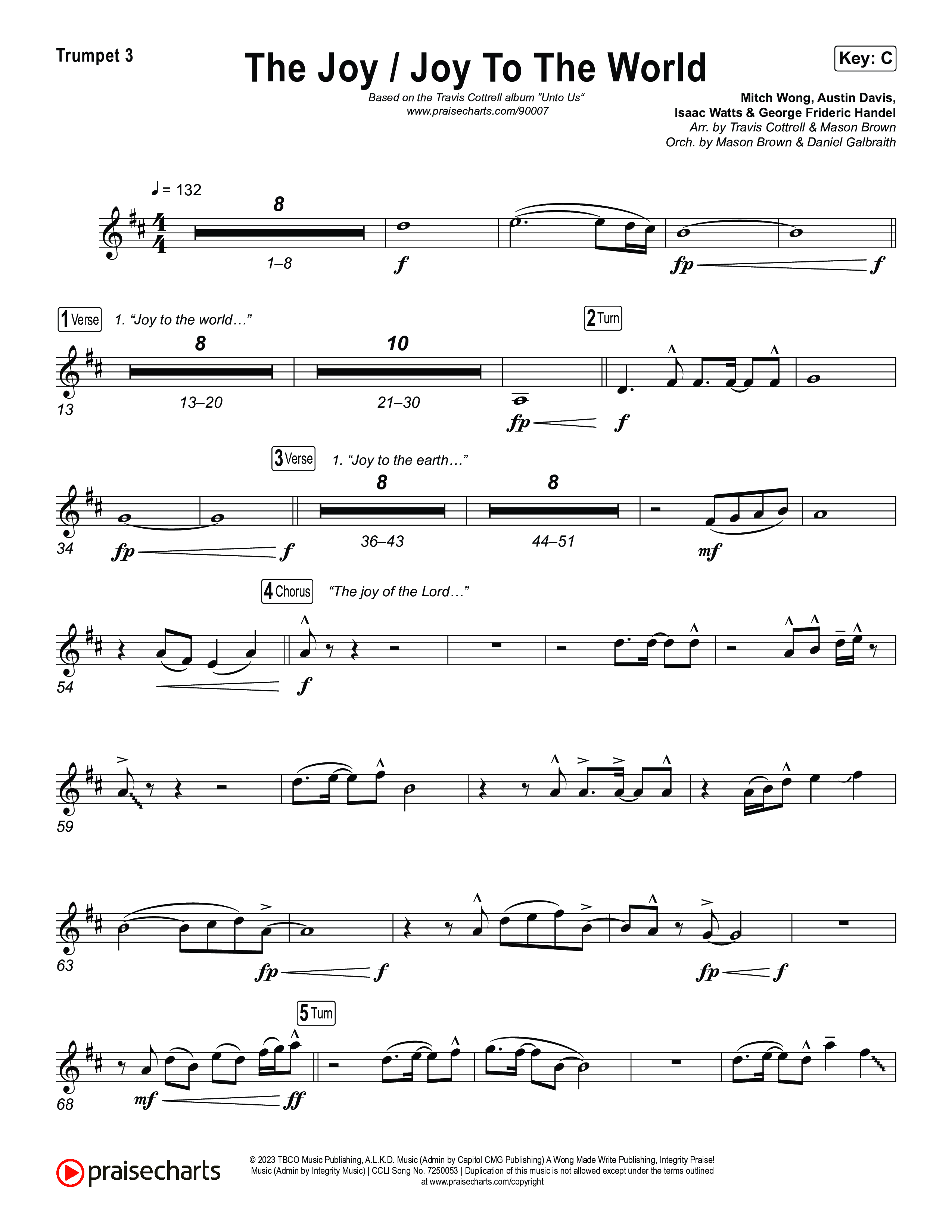 The Joy / Joy To The World (Choral/SATB) Trumpet 3 (Travis Cottrell / Arr. Mason Brown / Arr. Daniel Galbraith)