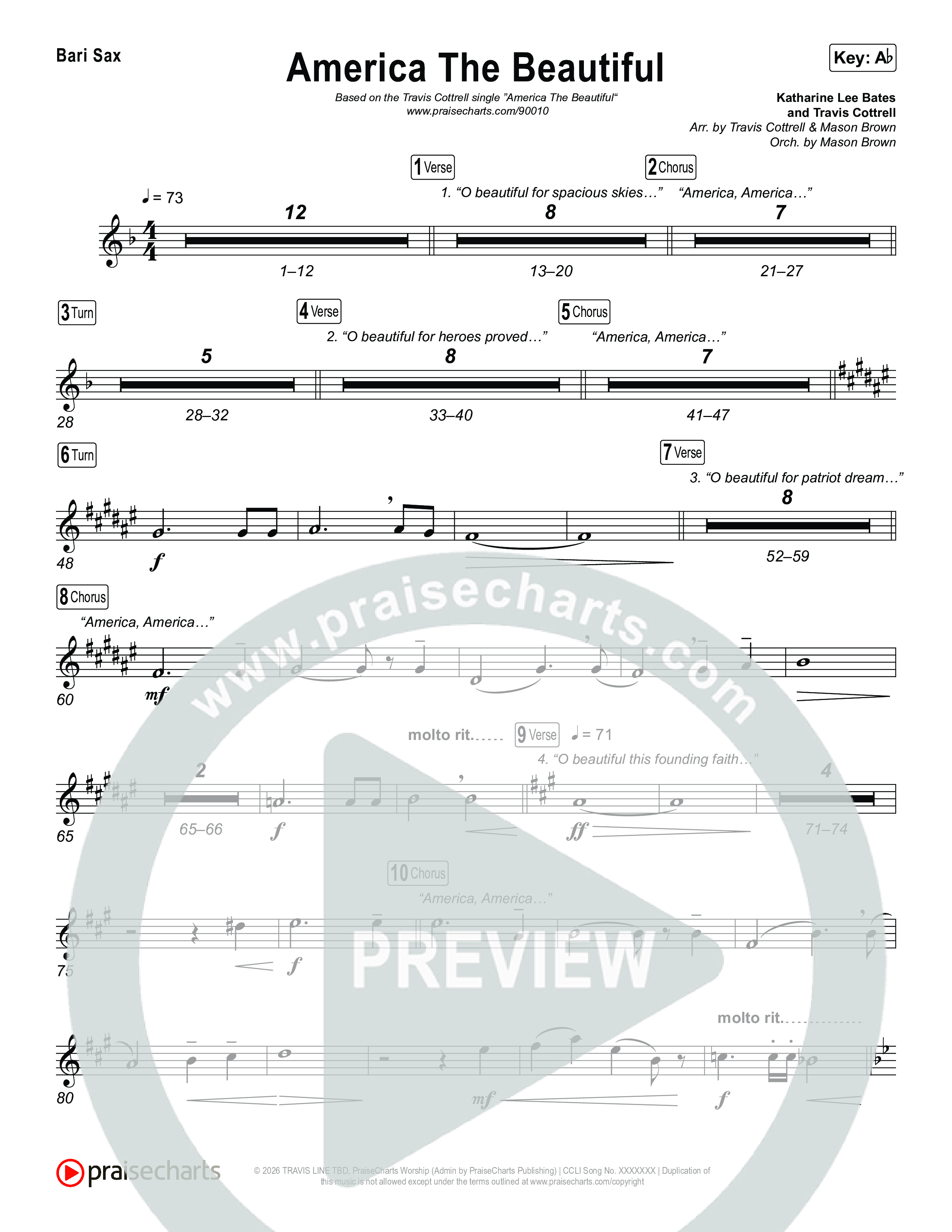 America The Beautiful (Choral/SATB) Bari Sax (Travis Cottrell / Arr. Mason Brown)