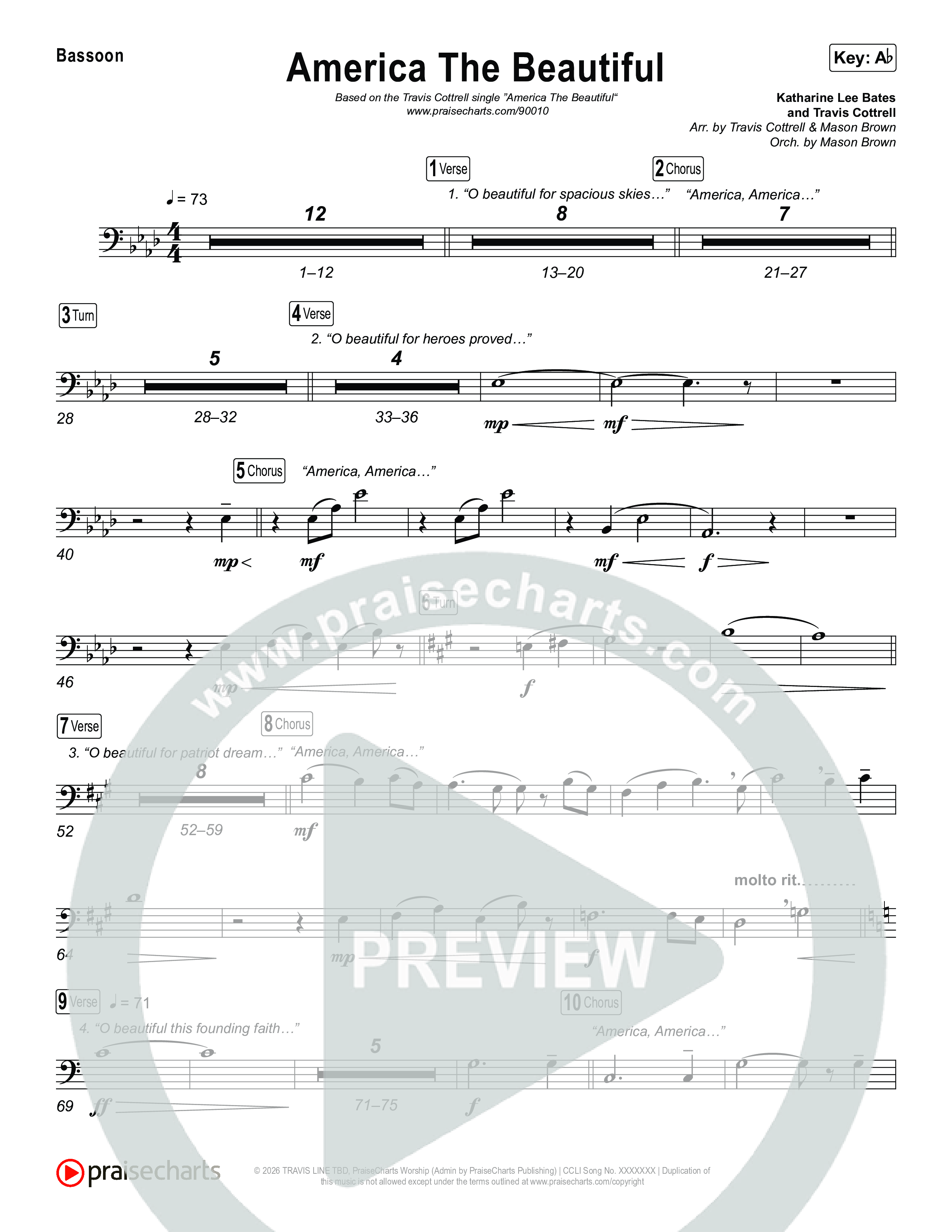 America The Beautiful (Choral/SATB) Bassoon (Travis Cottrell / Arr. Mason Brown)