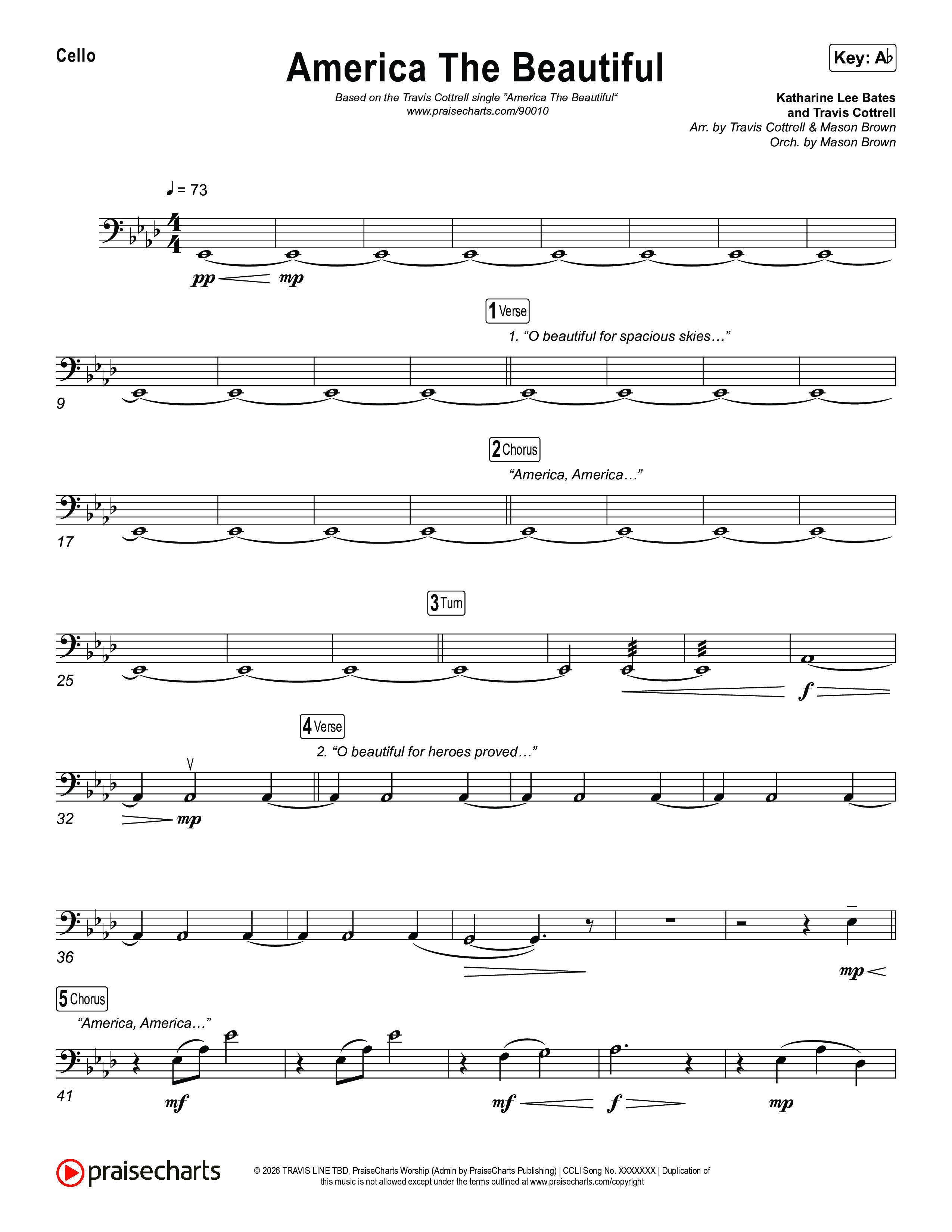 America The Beautiful (Choral/SATB) Cello (Travis Cottrell / Arr. Mason Brown)