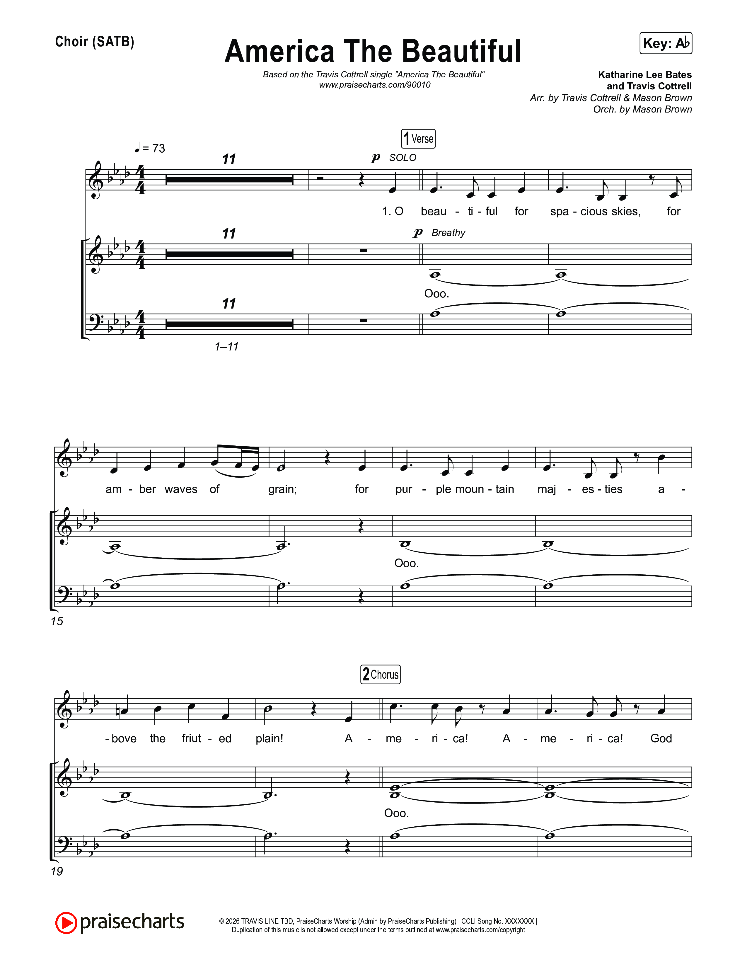 America The Beautiful (Choral/SATB) Choir Sheet (SATB) (Travis Cottrell / Arr. Mason Brown)