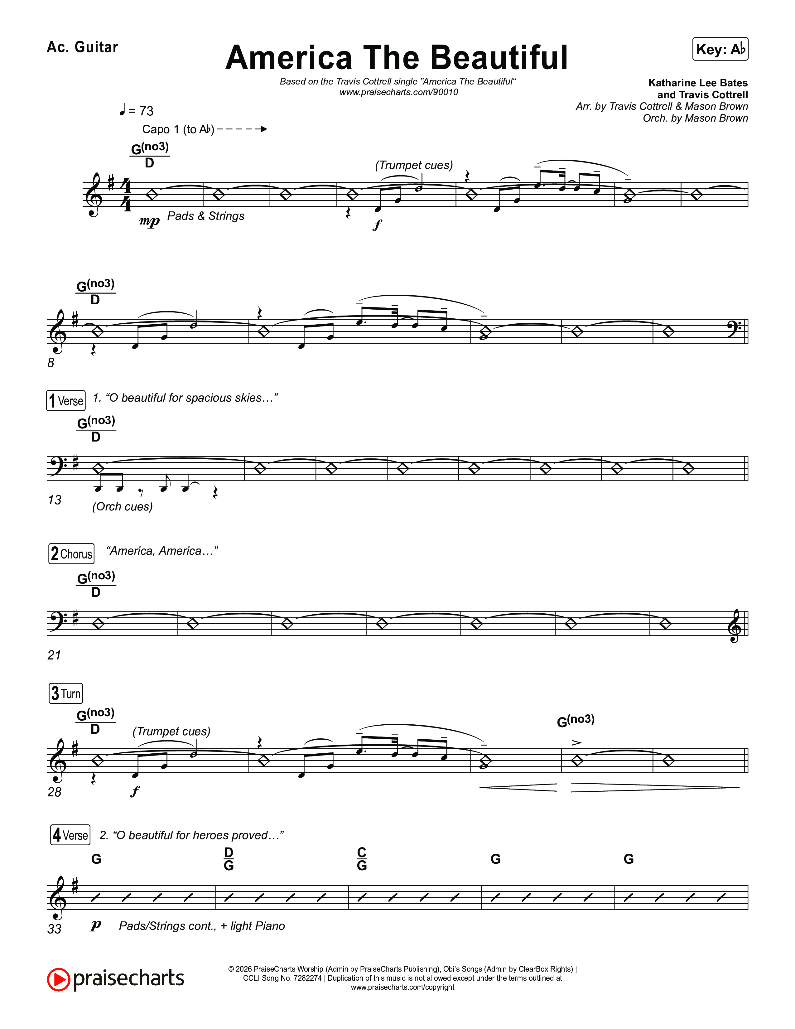 America The Beautiful (Choral/SATB) Acoustic Guitar (Travis Cottrell / Arr. Mason Brown)