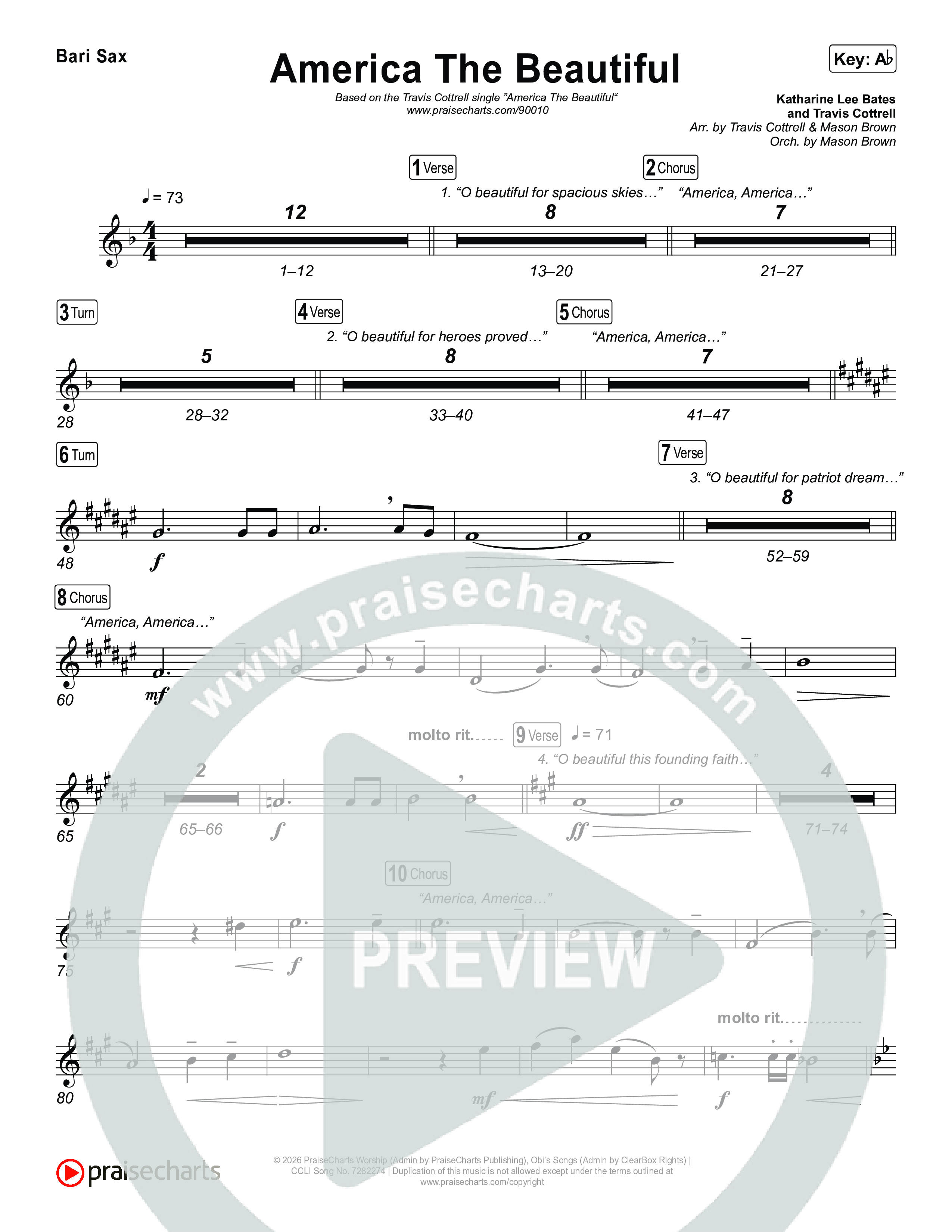 America The Beautiful (Choral/SATB) Bari Sax (Travis Cottrell / Arr. Mason Brown)