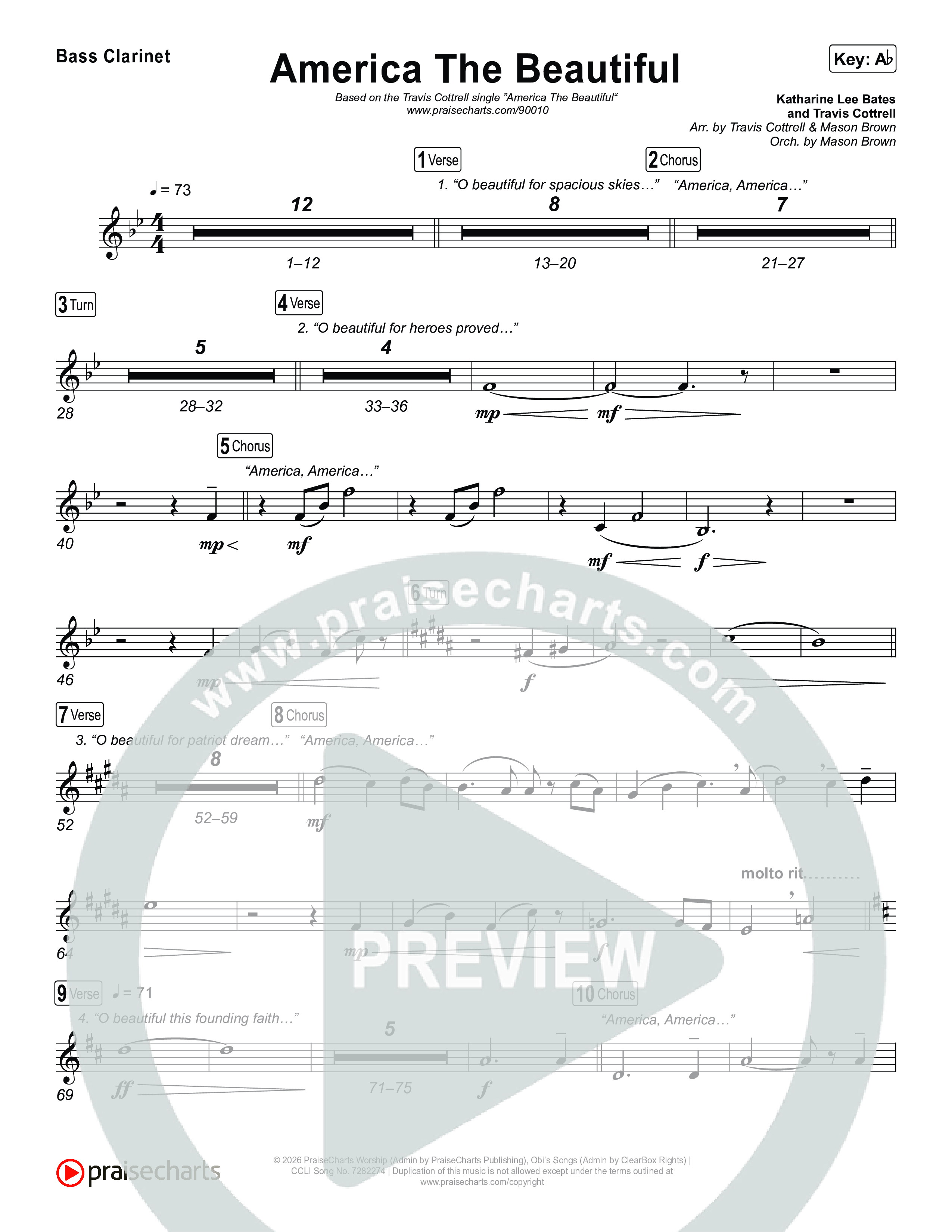 America The Beautiful (Choral/SATB) Bass Clarinet (Travis Cottrell / Arr. Mason Brown)