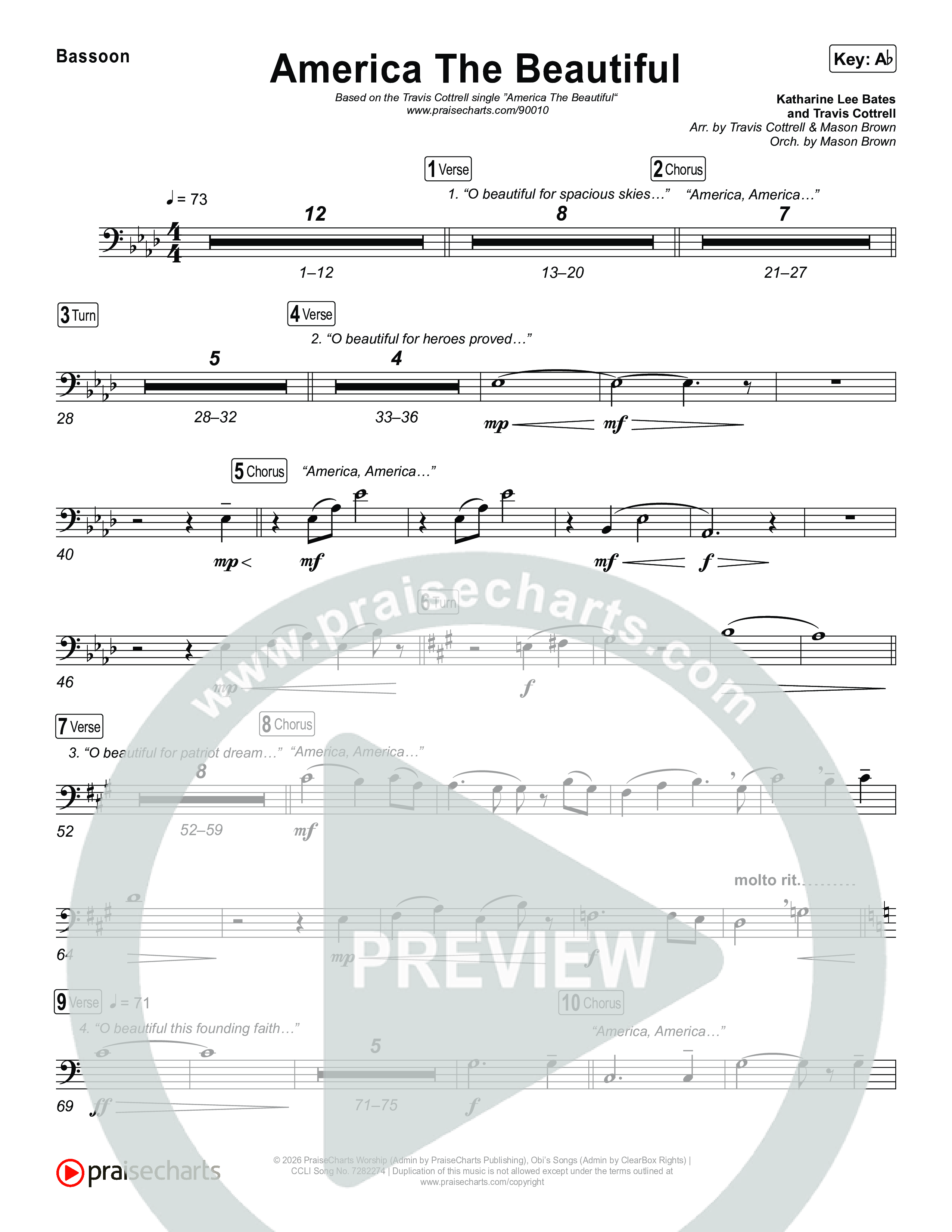 America The Beautiful (Choral/SATB) Bassoon (Travis Cottrell / Arr. Mason Brown)