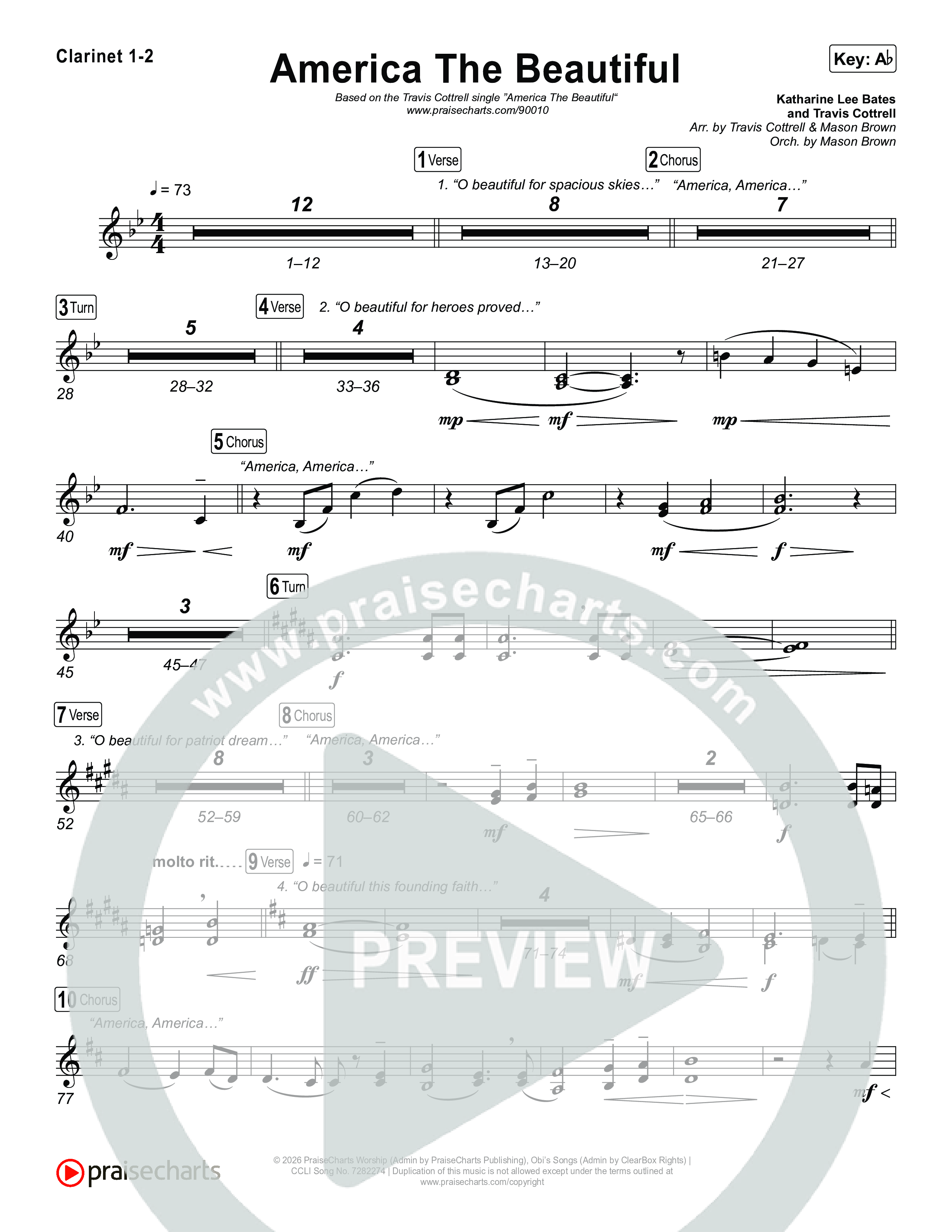 America The Beautiful (Choral/SATB) Clarinet 1/2 (Travis Cottrell / Arr. Mason Brown)