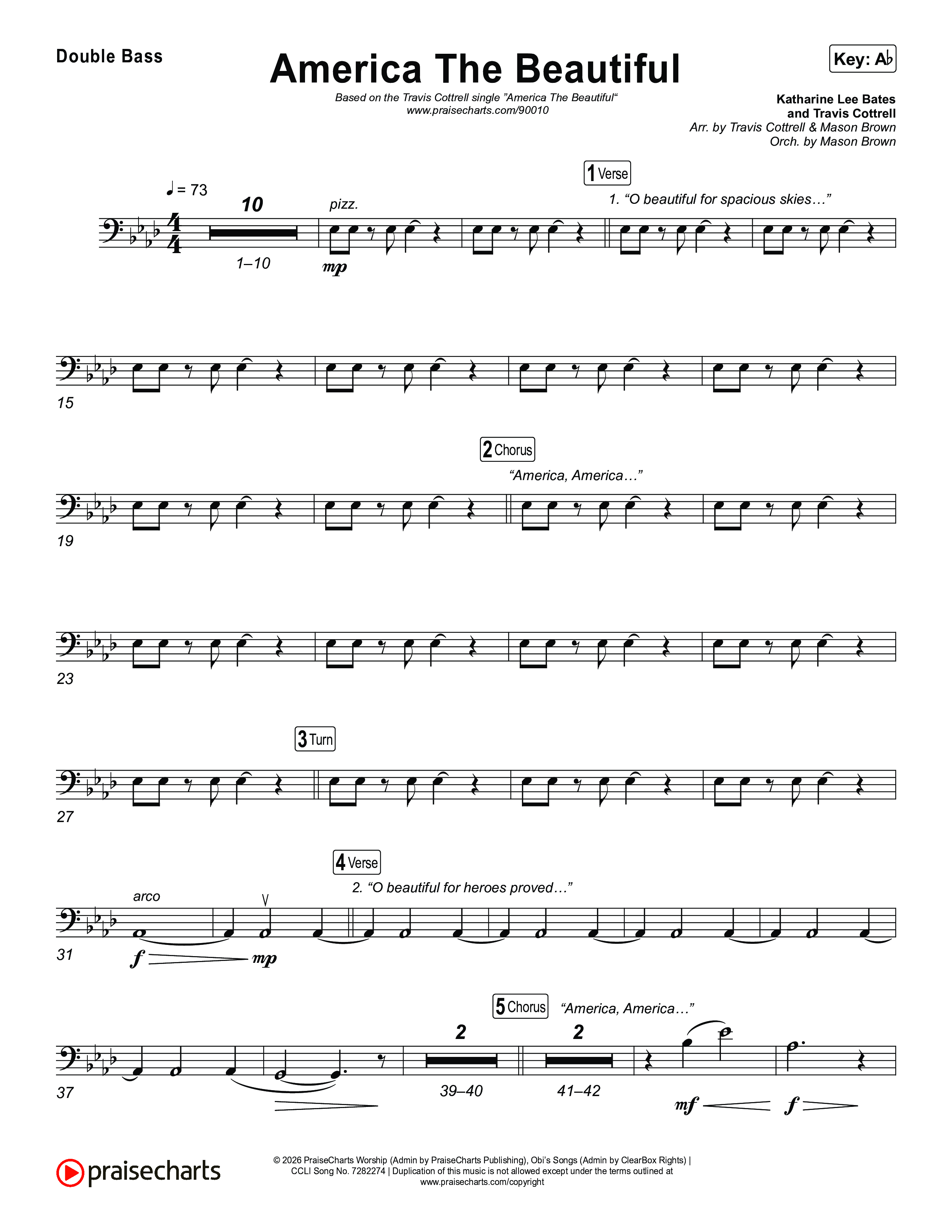 America The Beautiful (Choral/SATB) String Bass (Travis Cottrell / Arr. Mason Brown)