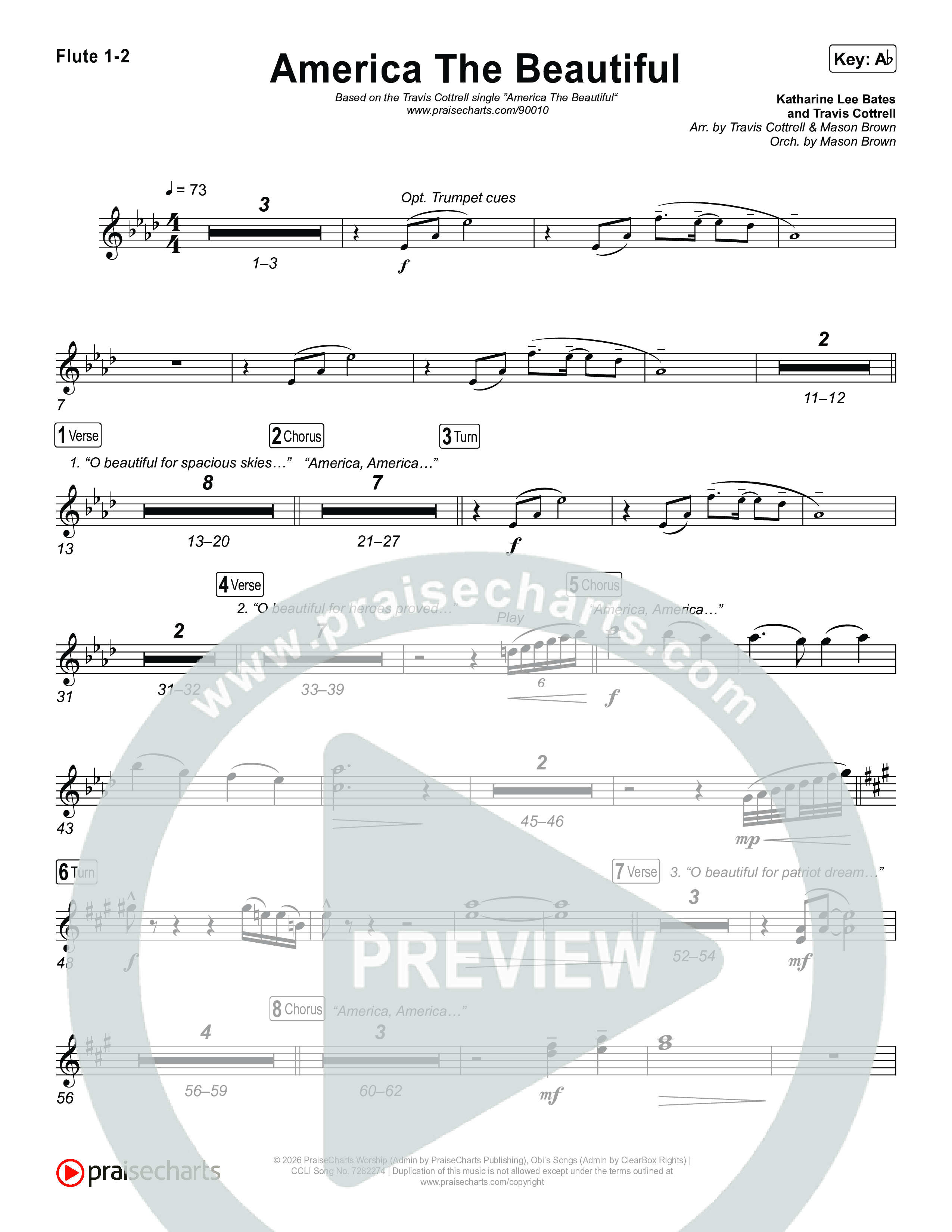 America The Beautiful (Choral/SATB) Flute 1,2 (Travis Cottrell / Arr. Mason Brown)