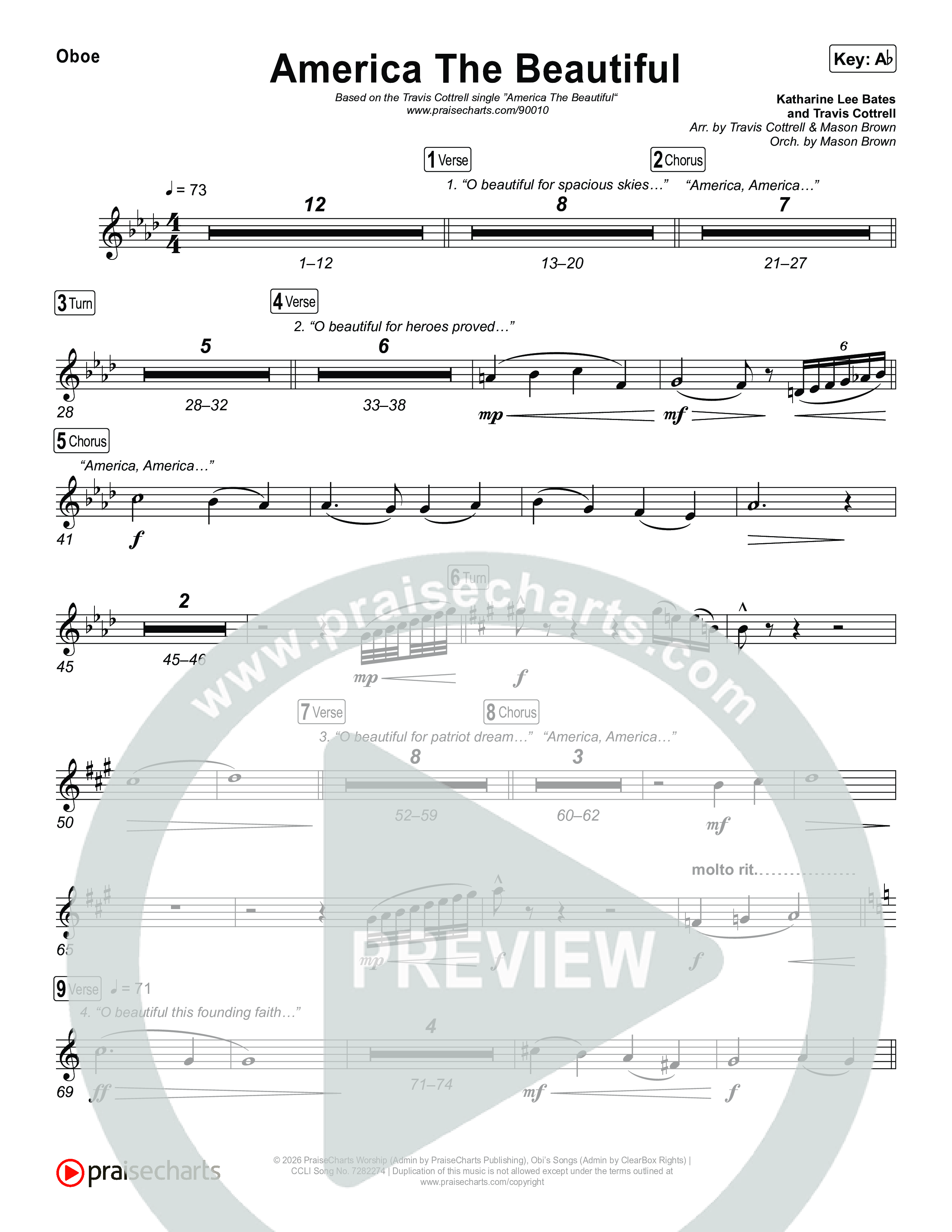 America The Beautiful (Choral/SATB) Oboe (Travis Cottrell / Arr. Mason Brown)