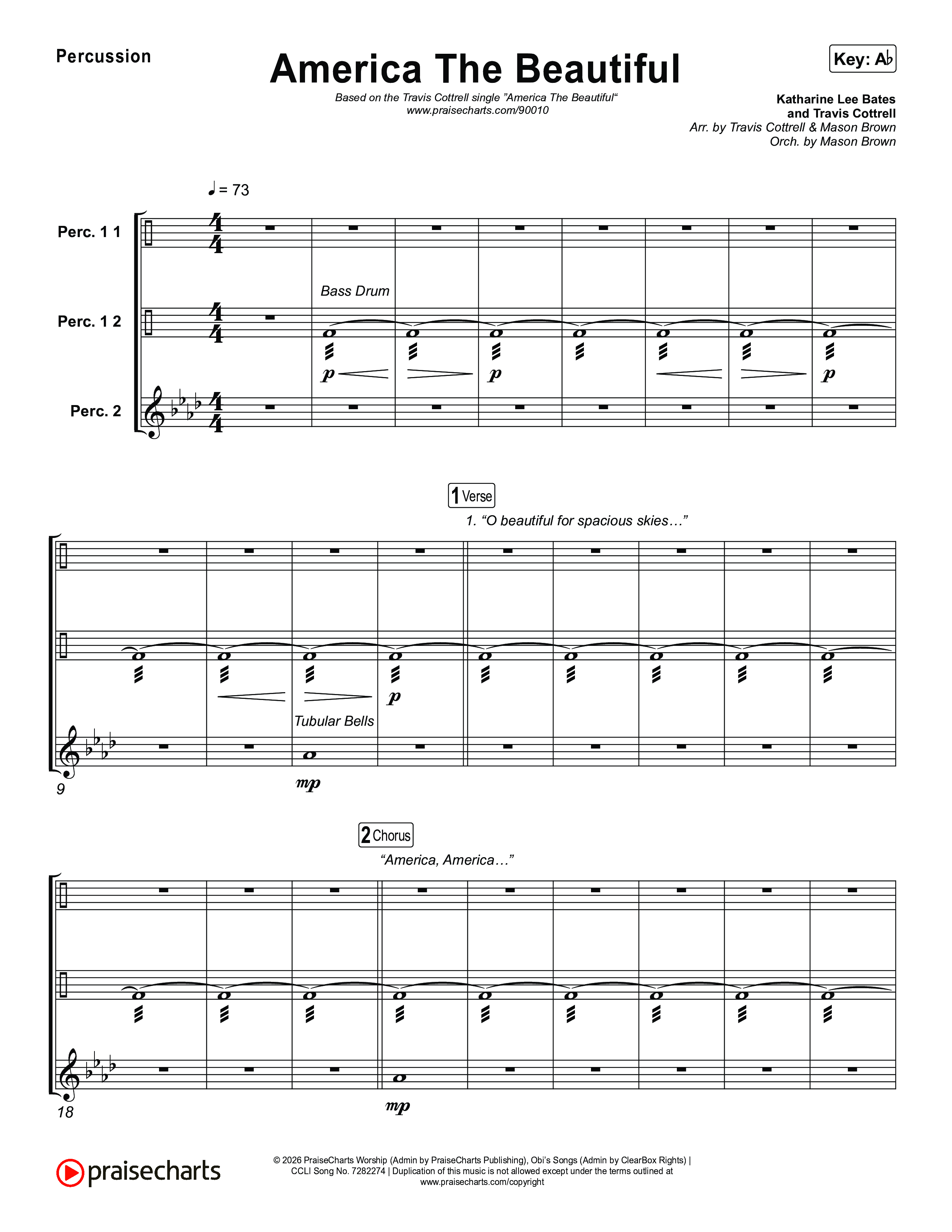 America The Beautiful (Choral/SATB) Percussion (Travis Cottrell / Arr. Mason Brown)