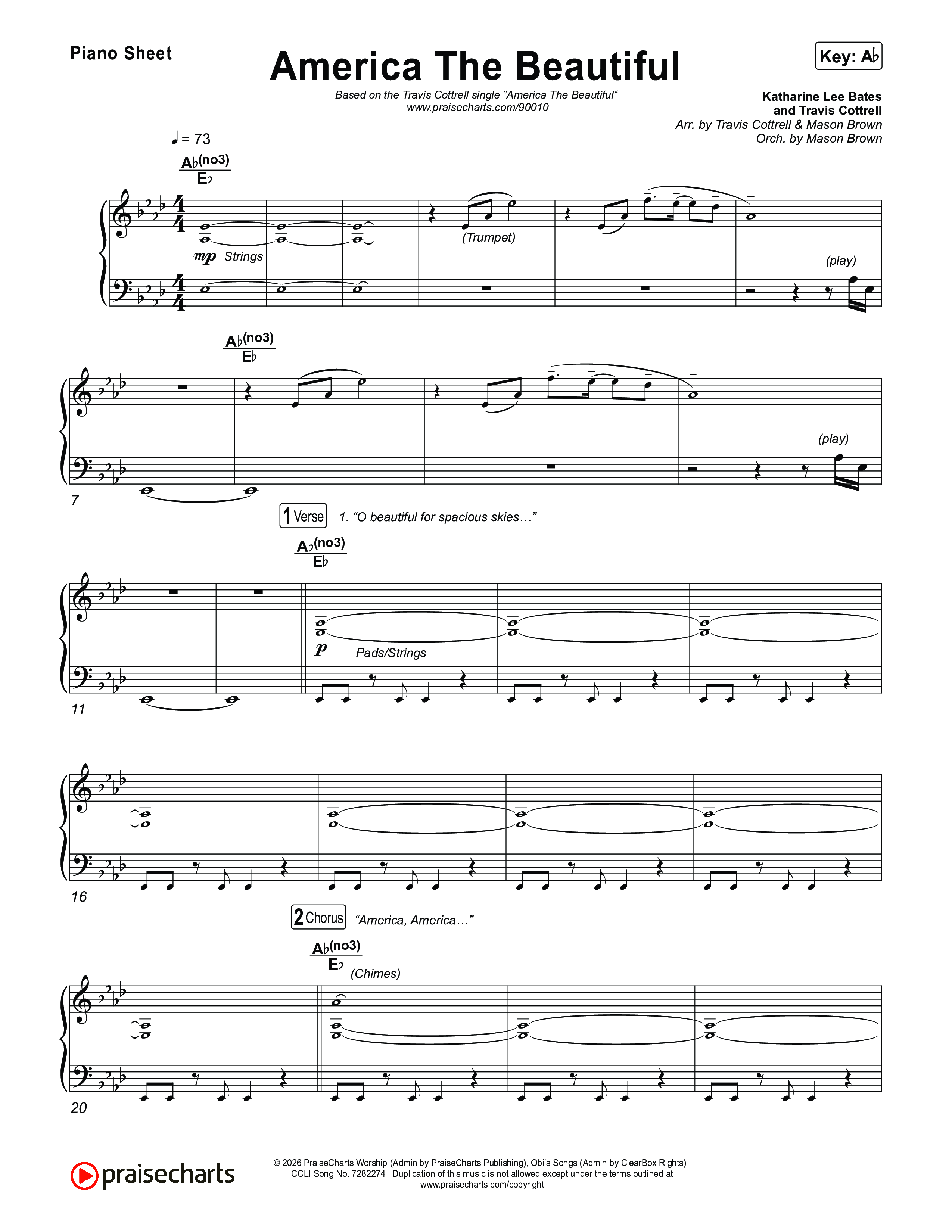 America The Beautiful (Choral/SATB) Piano Sheet (Travis Cottrell / Arr. Mason Brown)