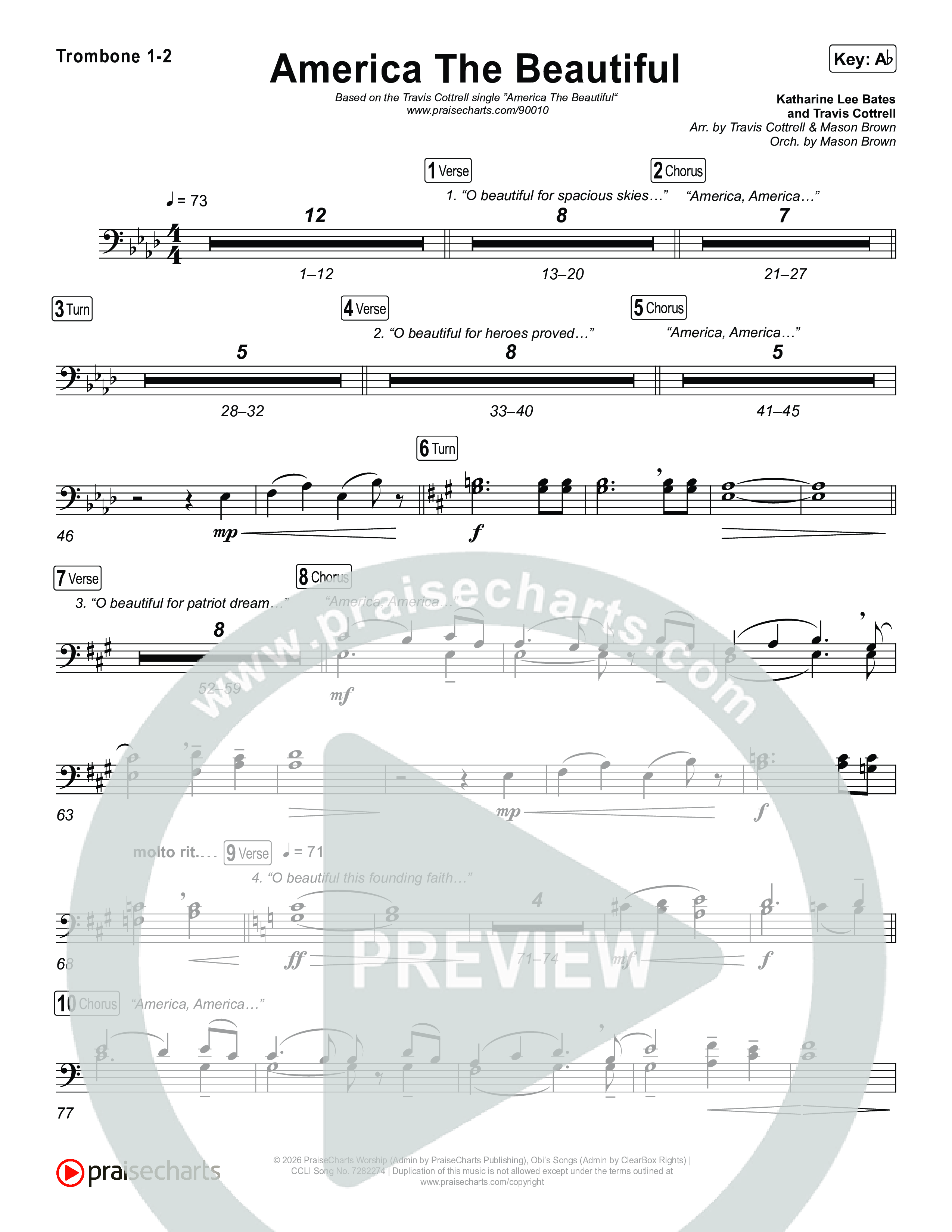 America The Beautiful (Choral/SATB) Trombone 1/2 (Travis Cottrell / Arr. Mason Brown)