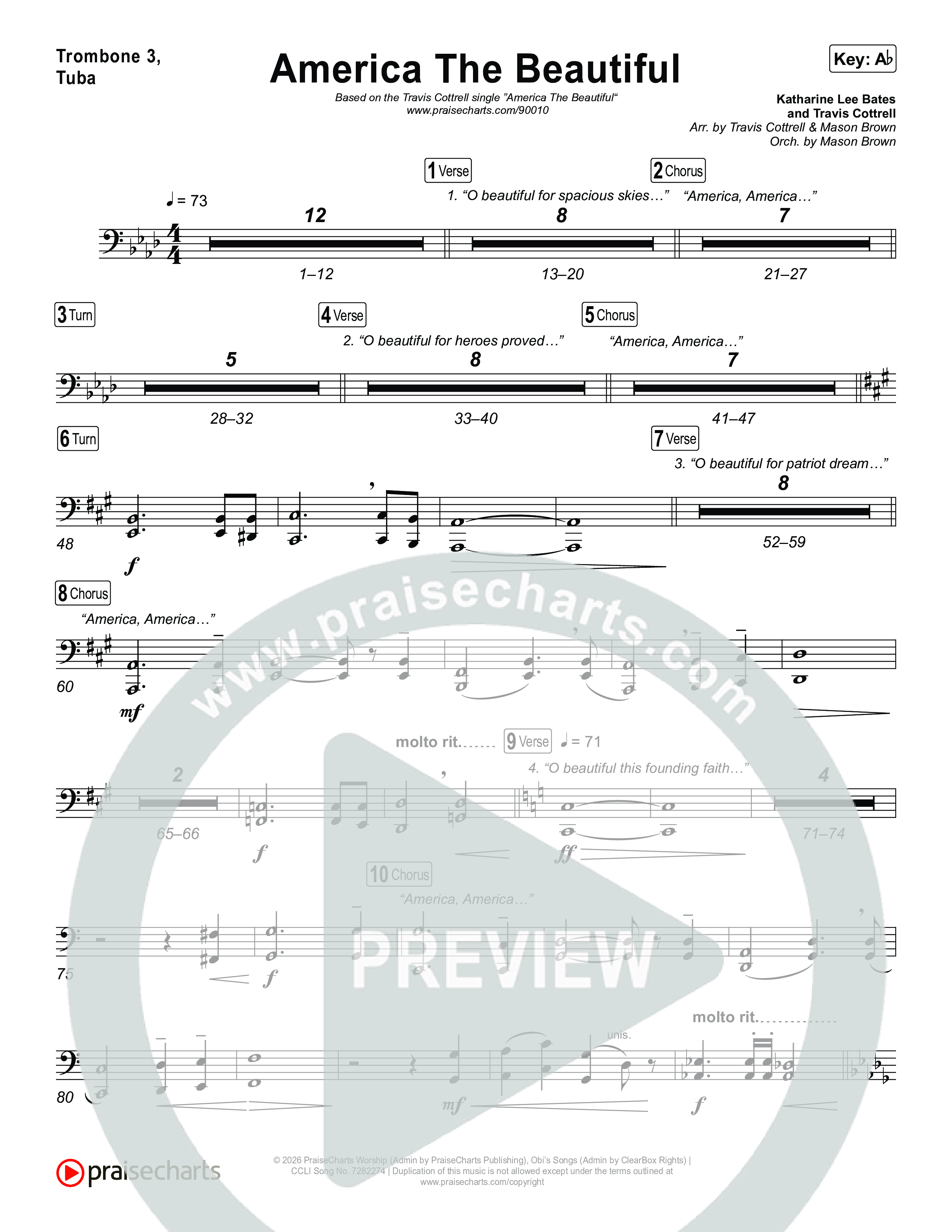 America The Beautiful (Choral/SATB) Trombone 3/Tuba (Travis Cottrell / Arr. Mason Brown)