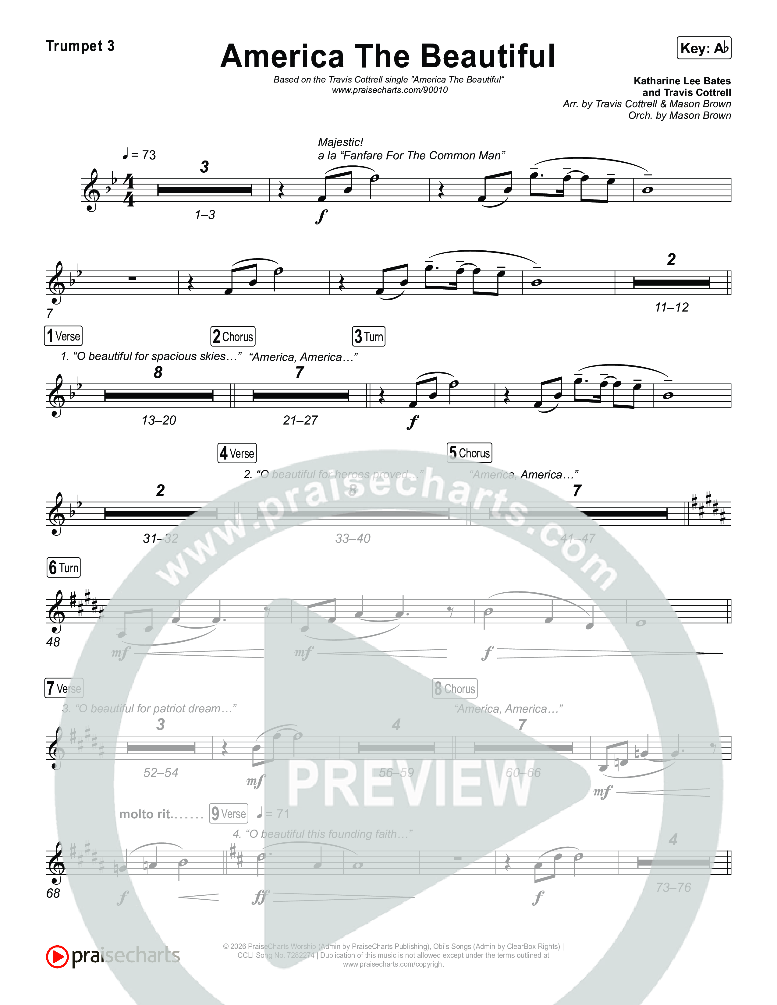 America The Beautiful (Choral/SATB) Trumpet 1,2 (Travis Cottrell / Arr. Mason Brown)