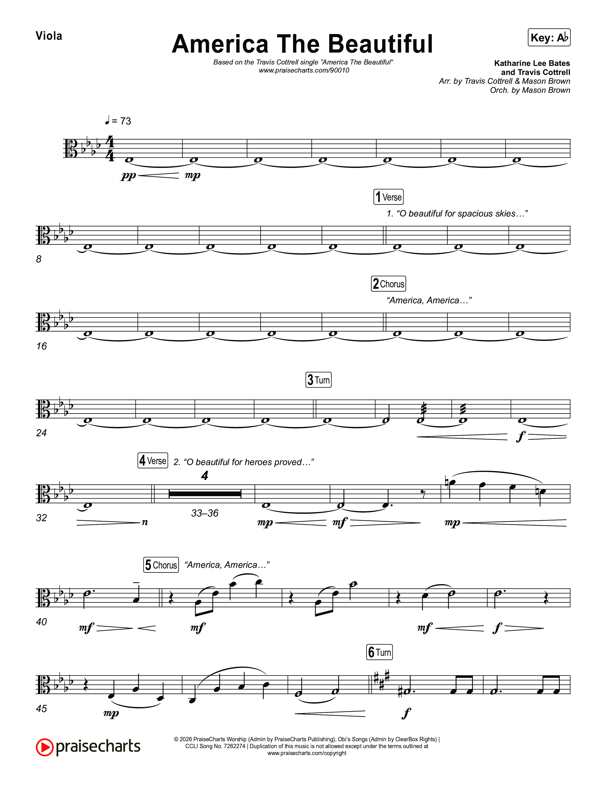 America The Beautiful (Choral/SATB) Viola (Travis Cottrell / Arr. Mason Brown)