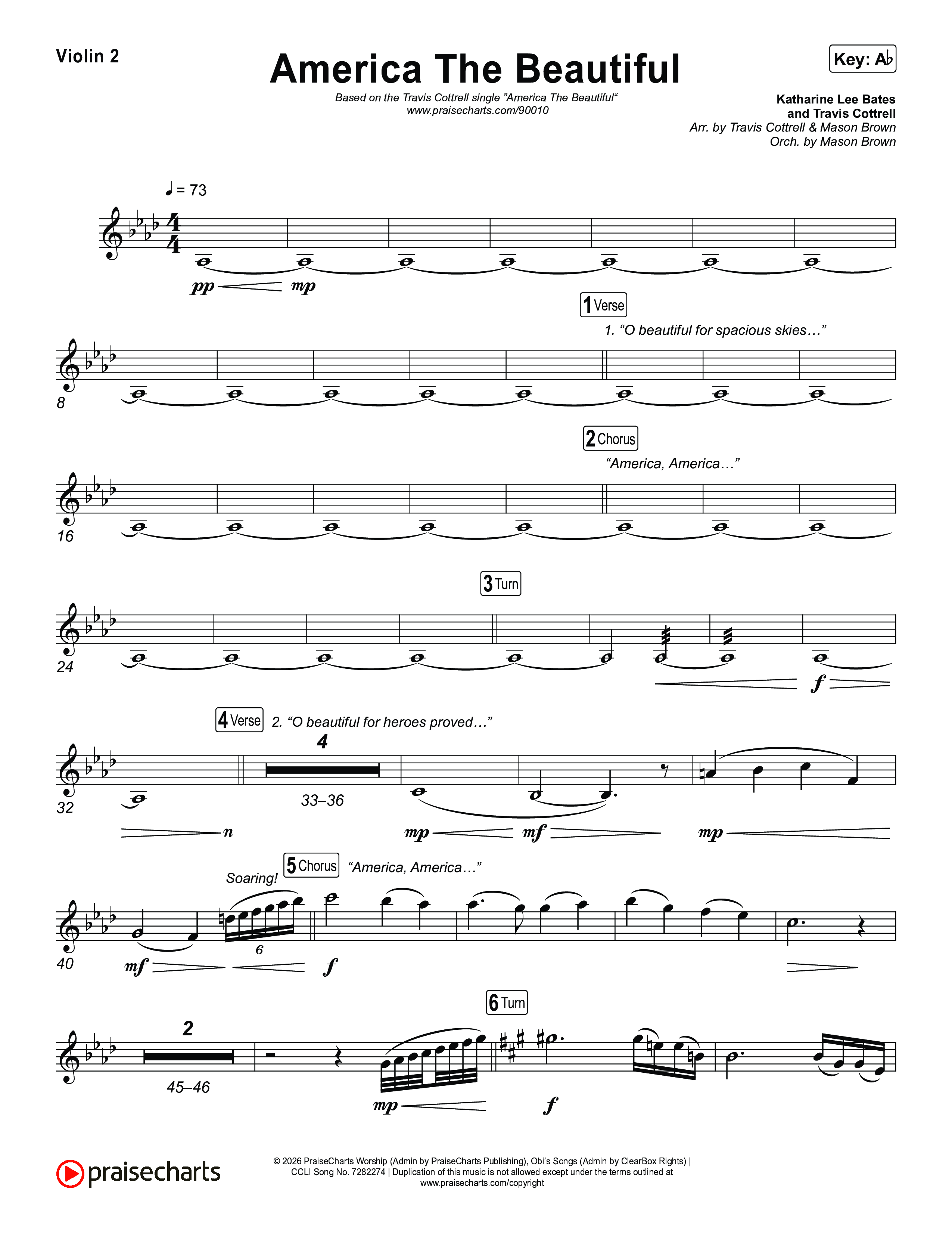 America The Beautiful (Choral/SATB) Violin 2 (Travis Cottrell / Arr. Mason Brown)