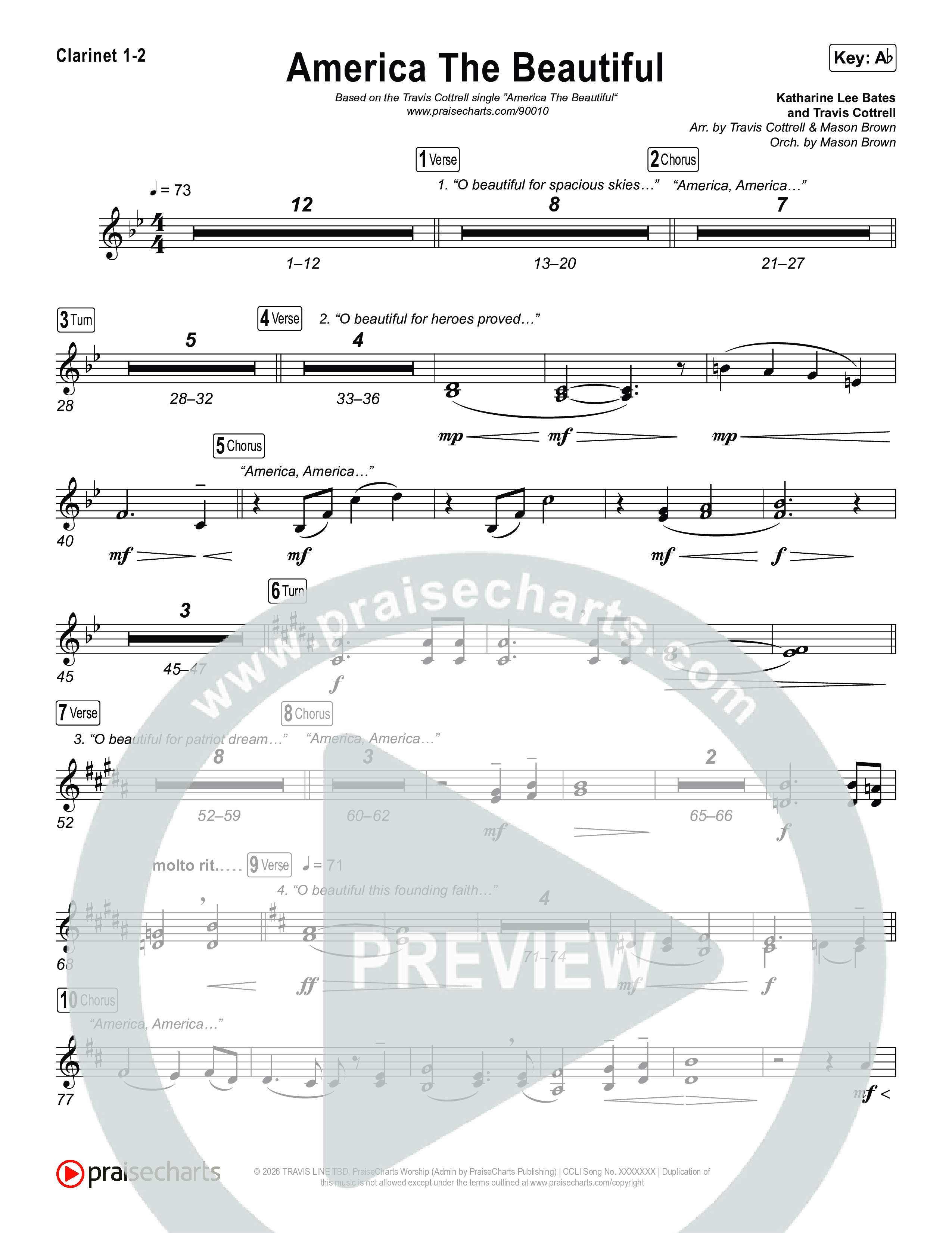 America The Beautiful (Choral/SATB) Clarinet 1/2 (Travis Cottrell / Arr. Mason Brown)