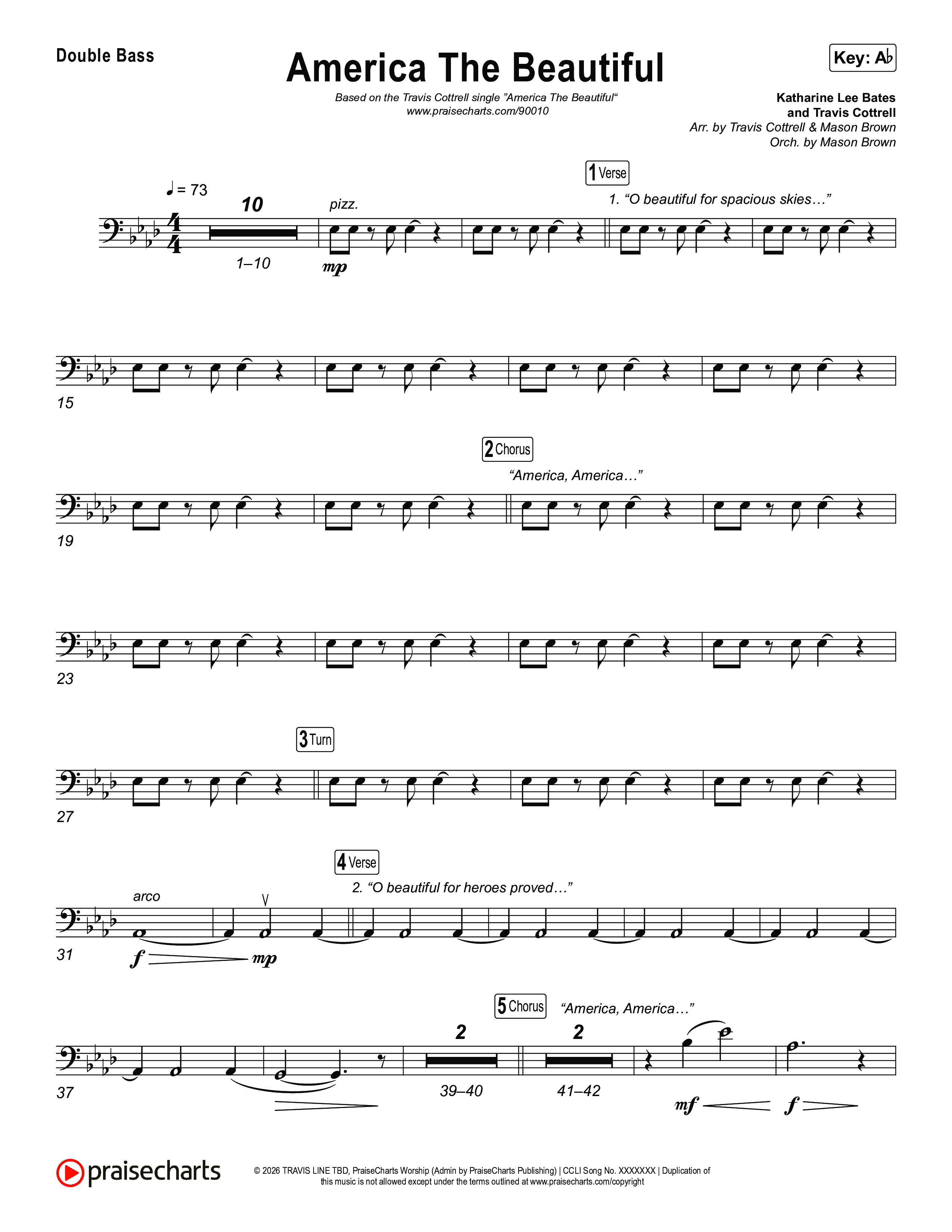 America The Beautiful (Choral/SATB) String Bass (Travis Cottrell / Arr. Mason Brown)