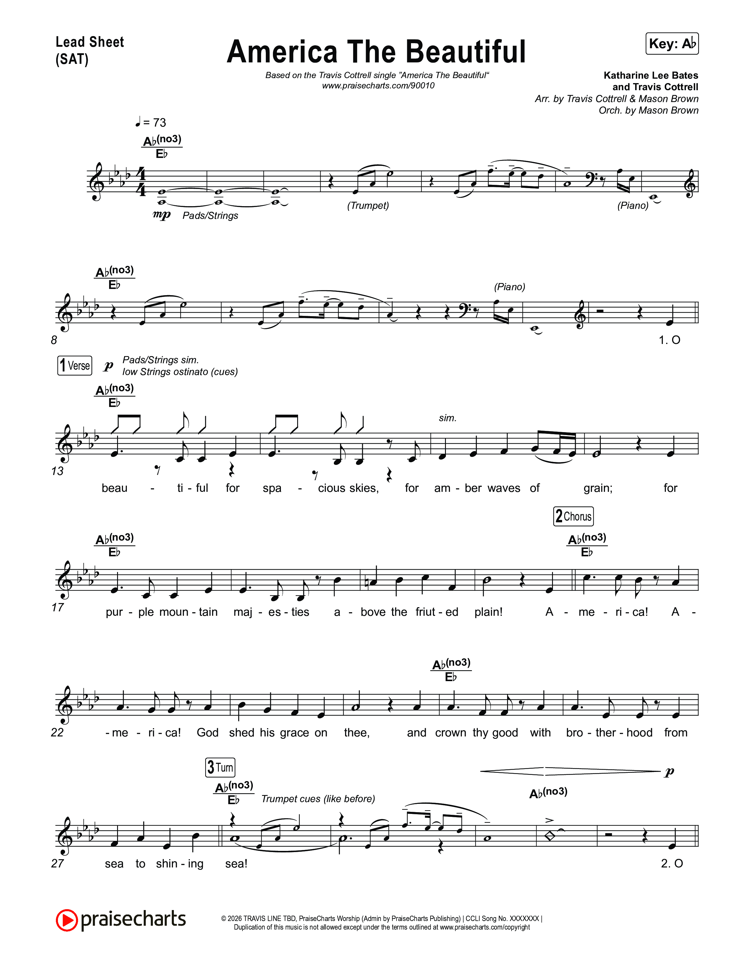 America The Beautiful (Choral/SATB) Lead Sheet (SAT) (Travis Cottrell / Arr. Mason Brown)