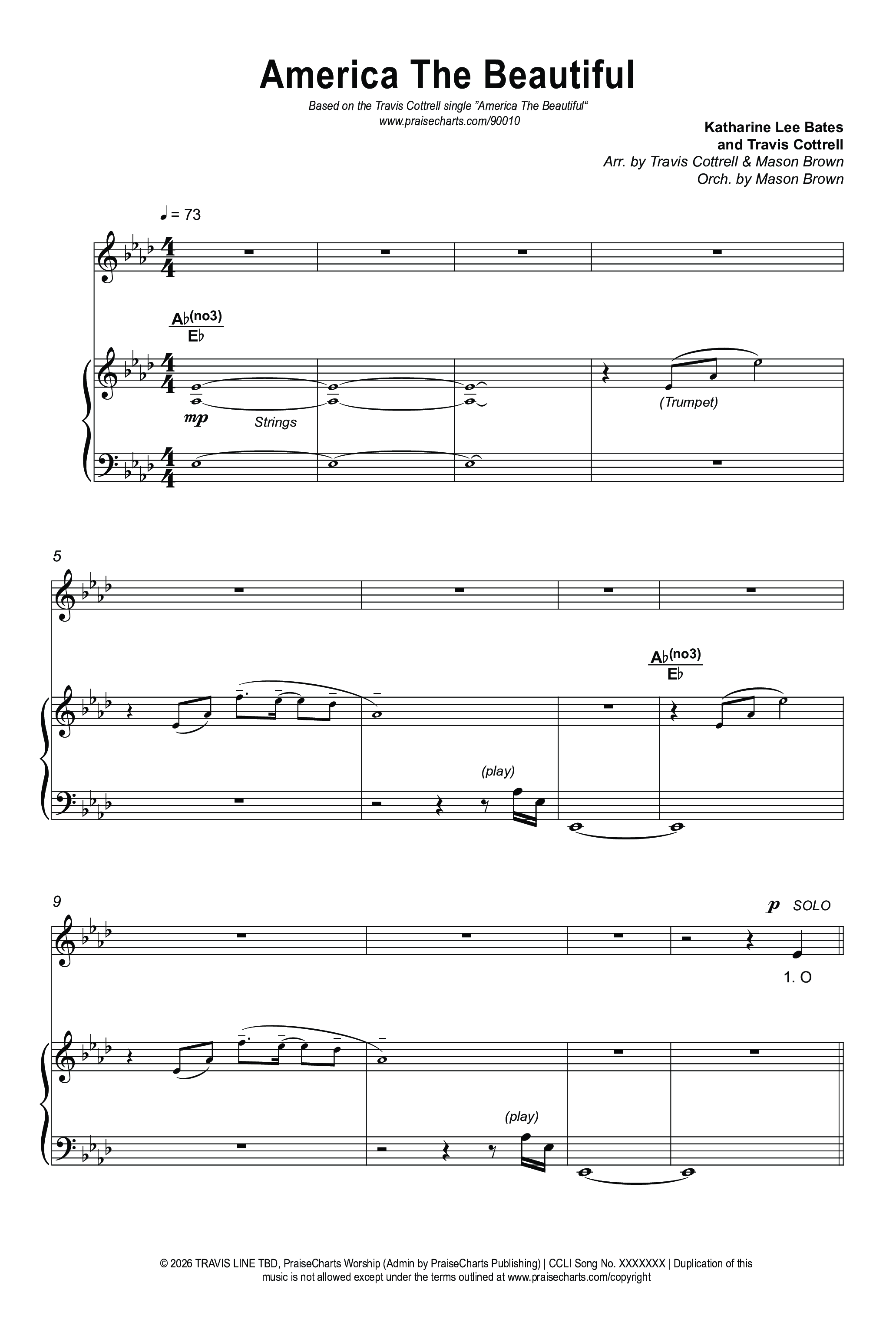 America The Beautiful (Choral/SATB) Octavo (SATB & Pno) (Travis Cottrell / Arr. Mason Brown)