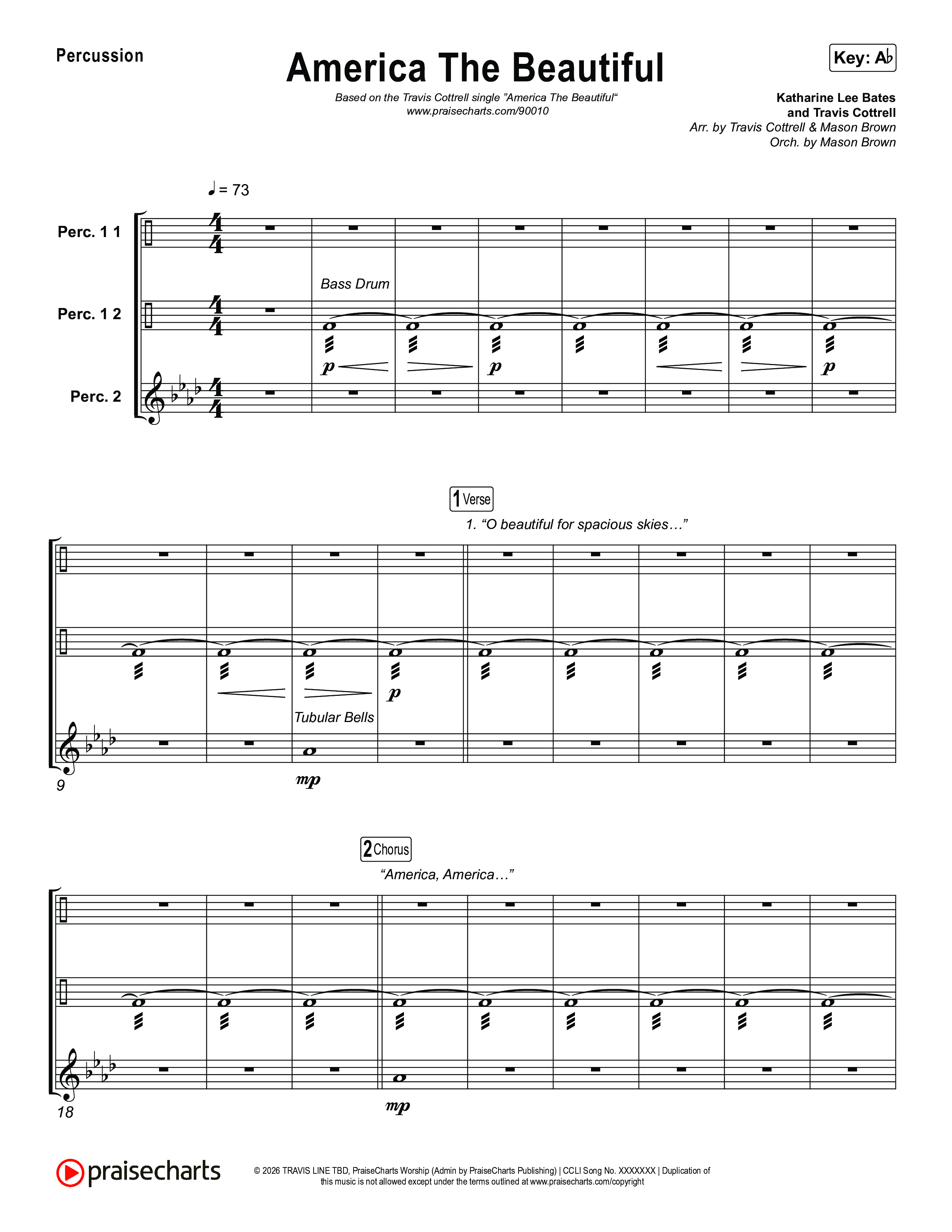 America The Beautiful (Choral/SATB) Percussion (Travis Cottrell / Arr. Mason Brown)