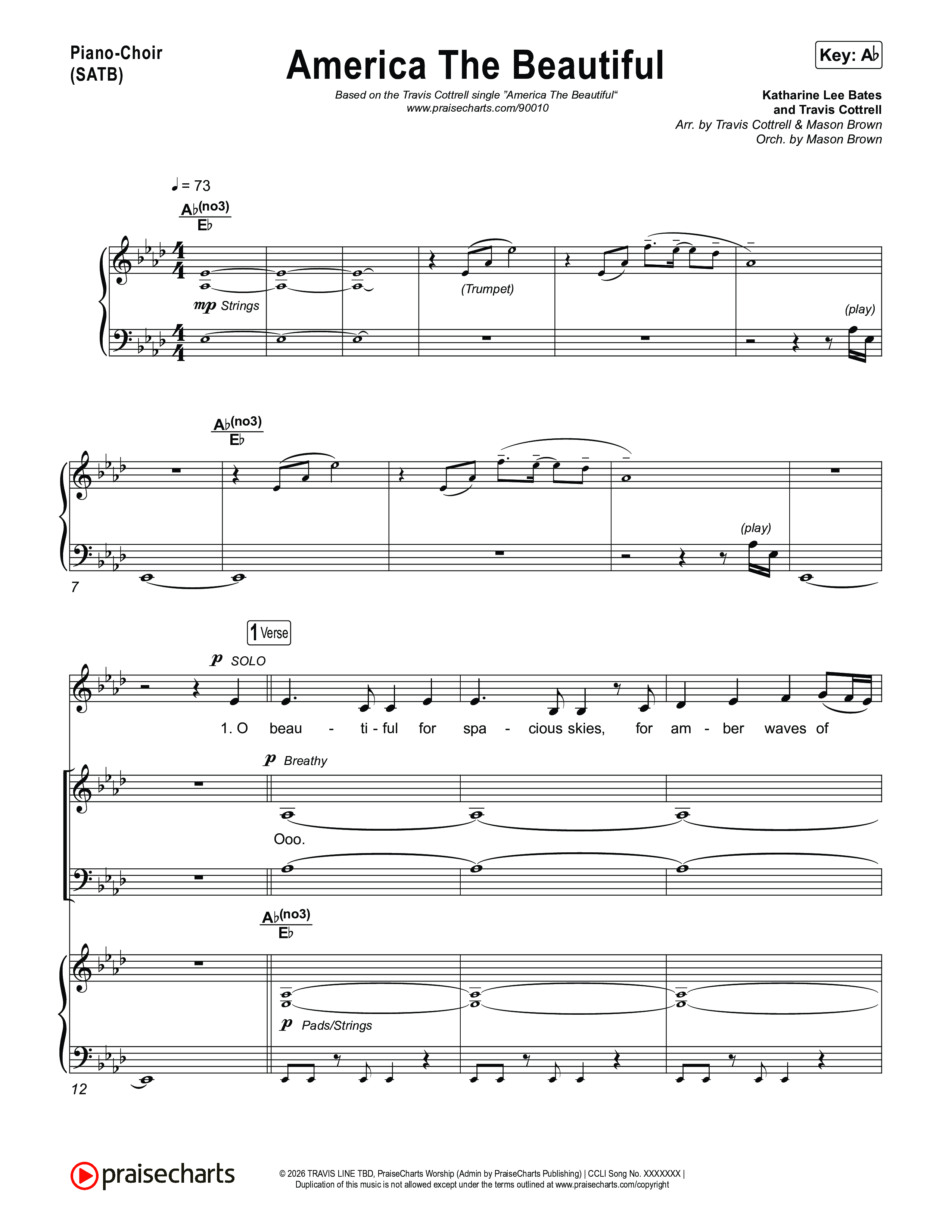 America The Beautiful (Choral/SATB) Piano/Vocal (SATB) (Travis Cottrell / Arr. Mason Brown)