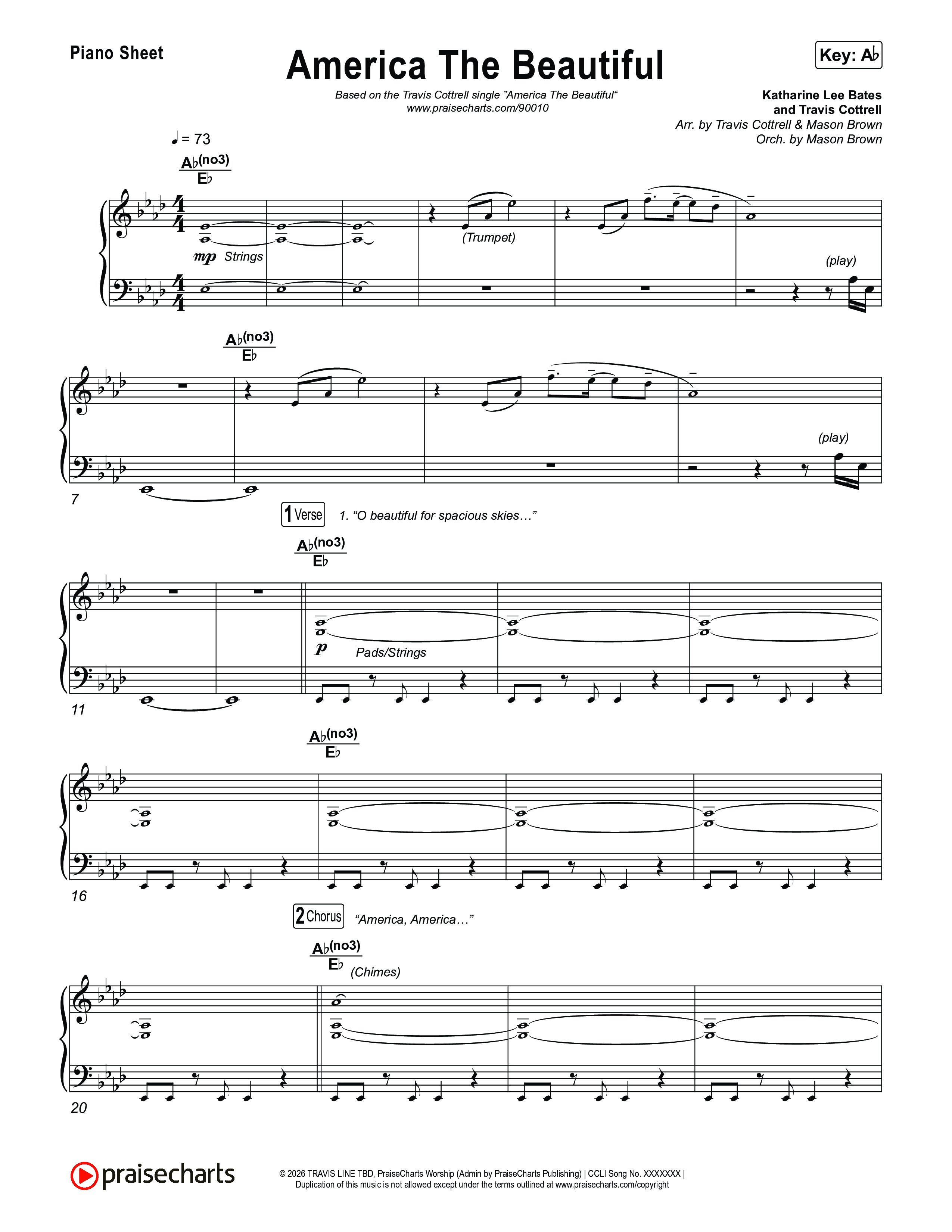 America The Beautiful (Choral/SATB) Piano Sheet (Travis Cottrell / Arr. Mason Brown)