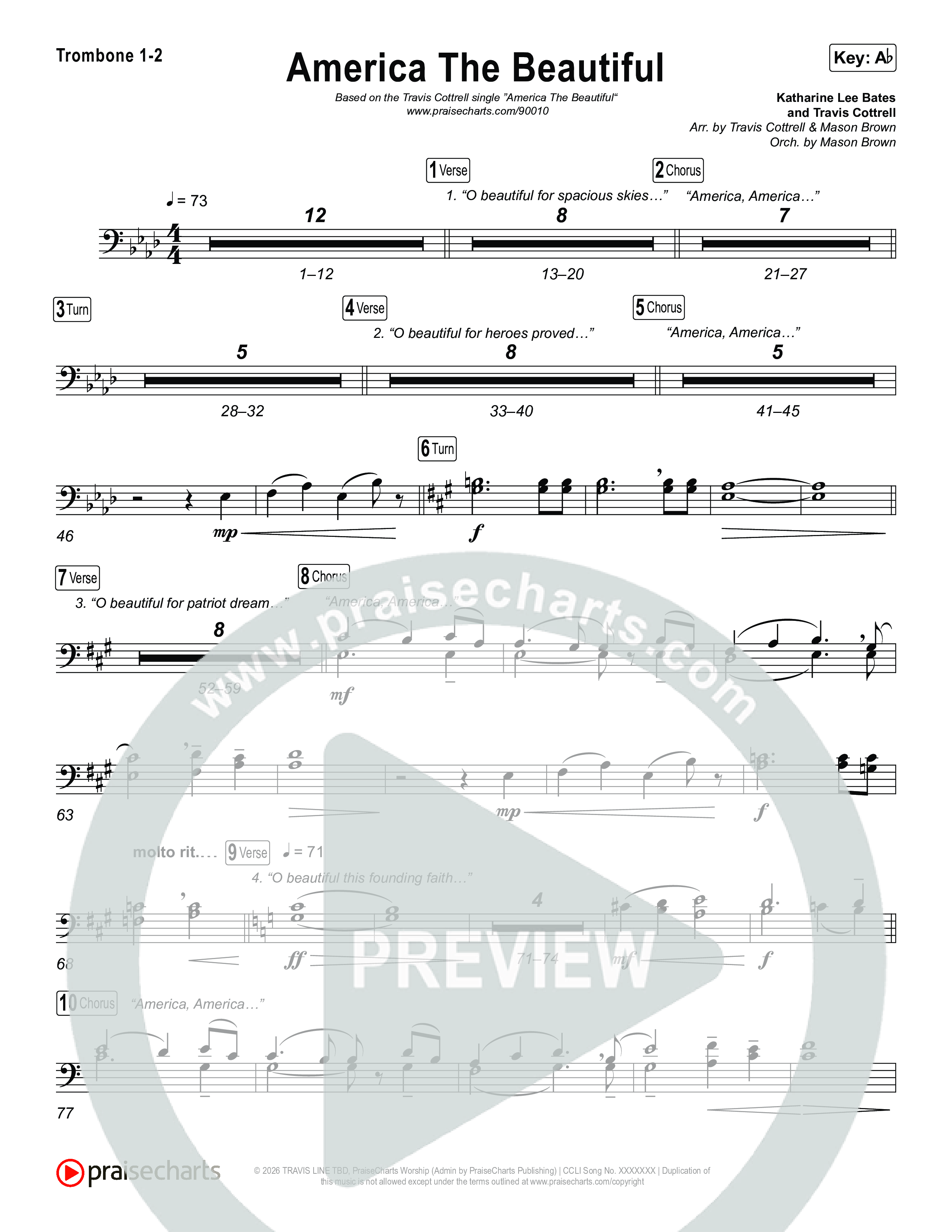 America The Beautiful (Choral/SATB) Trombone 1/2 (Travis Cottrell / Arr. Mason Brown)
