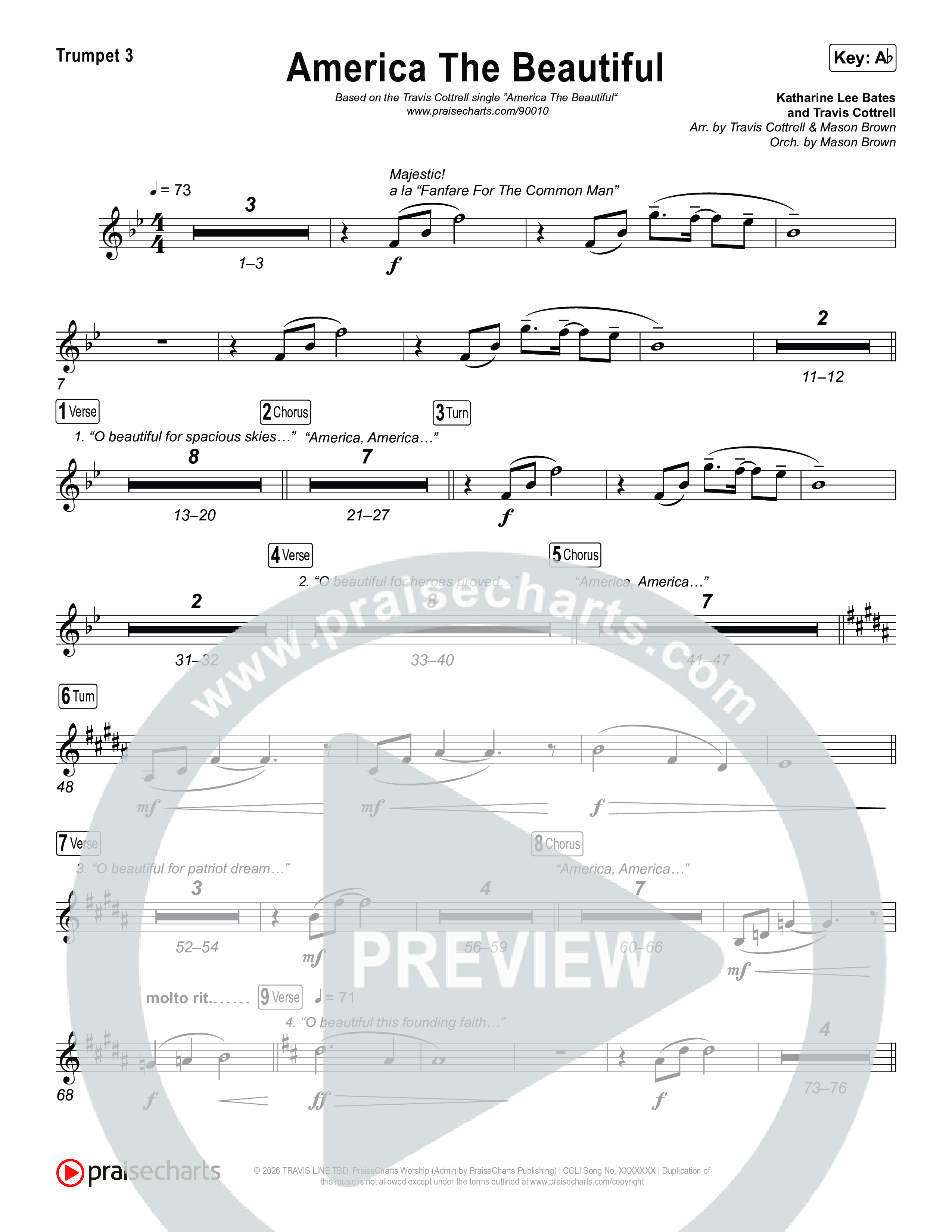 America The Beautiful (Choral/SATB) Trumpet 3 (Travis Cottrell / Arr. Mason Brown)