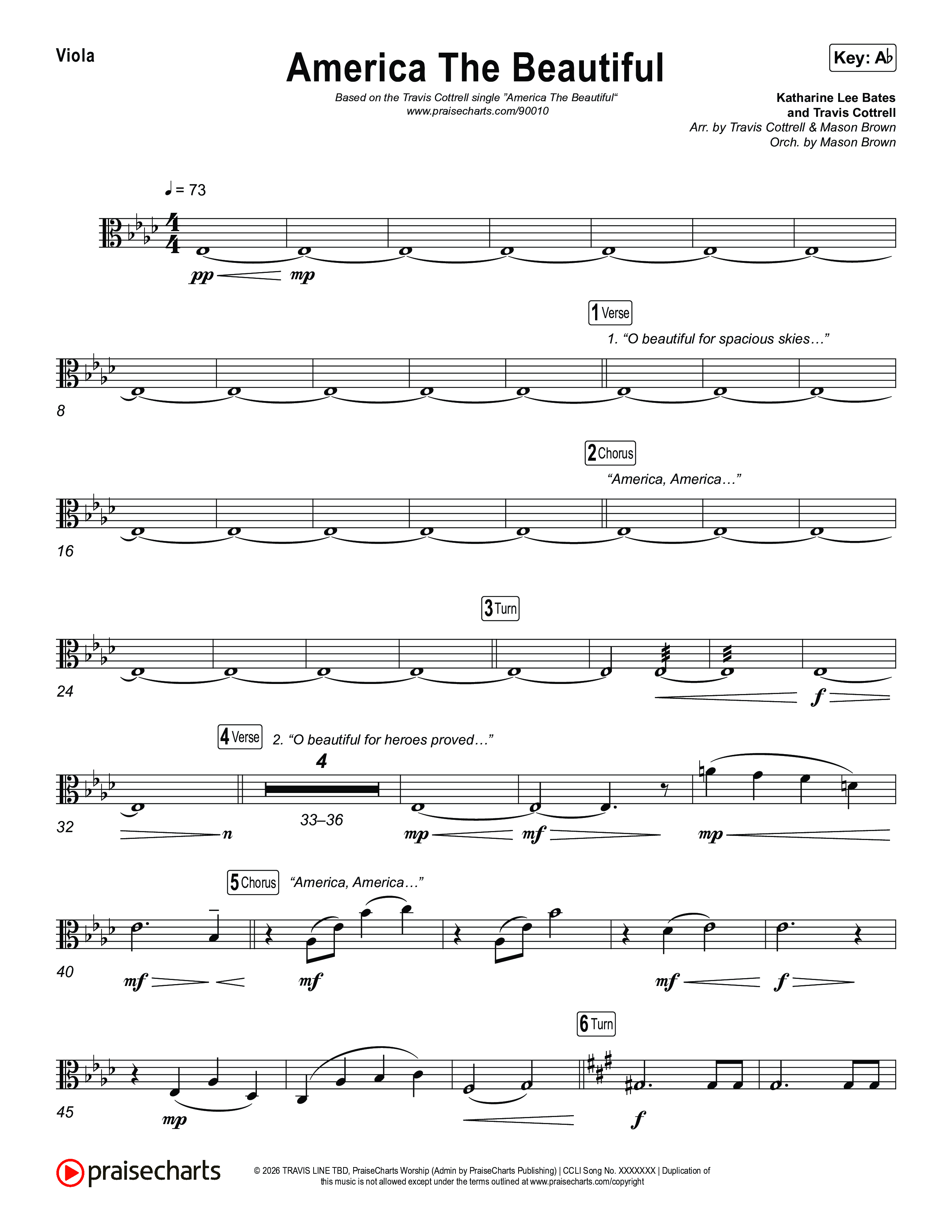 America The Beautiful (Choral/SATB) Viola (Travis Cottrell / Arr. Mason Brown)