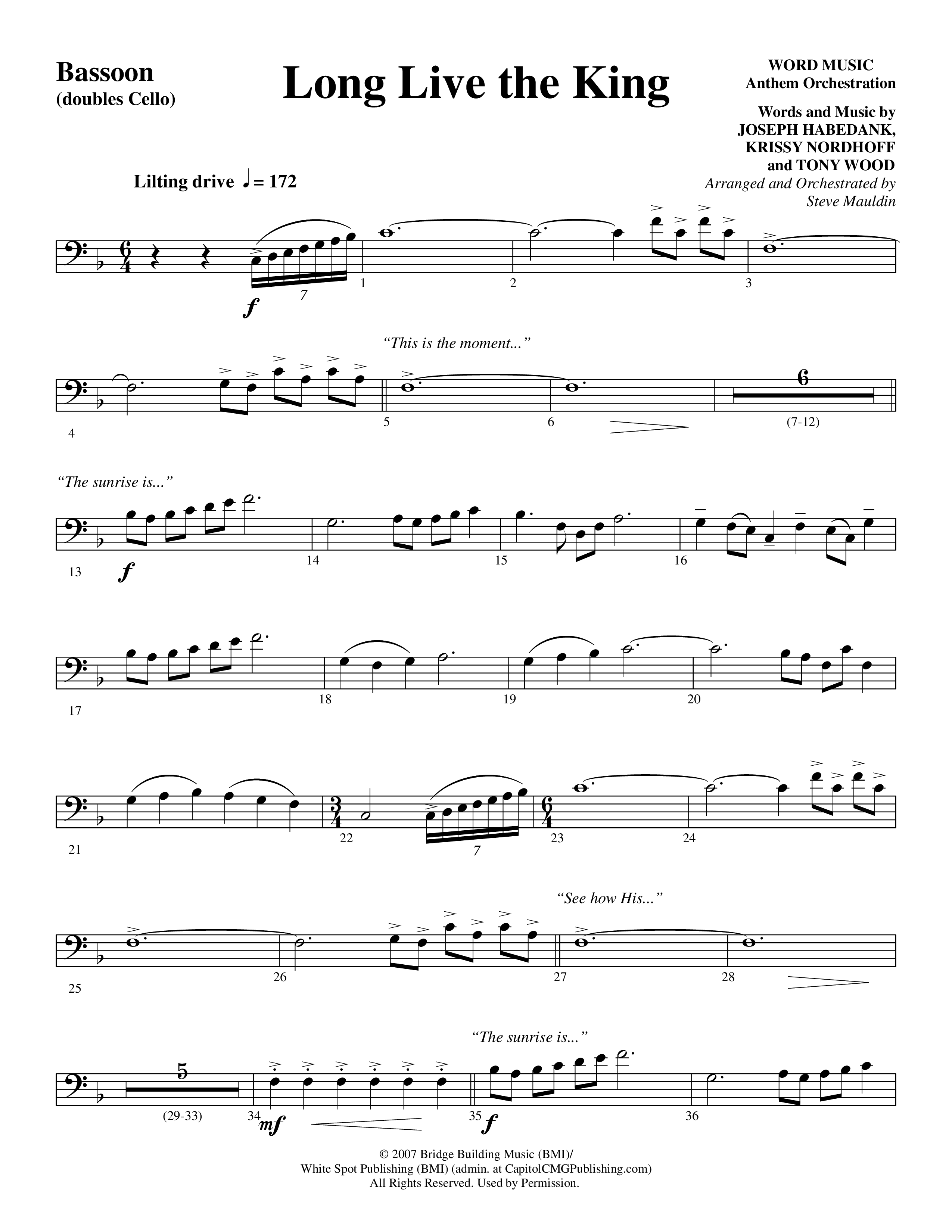 Long Live the King (Choral Anthem SATB) Bassoon (Word Music Choral / Arr. Steve Mauldin)