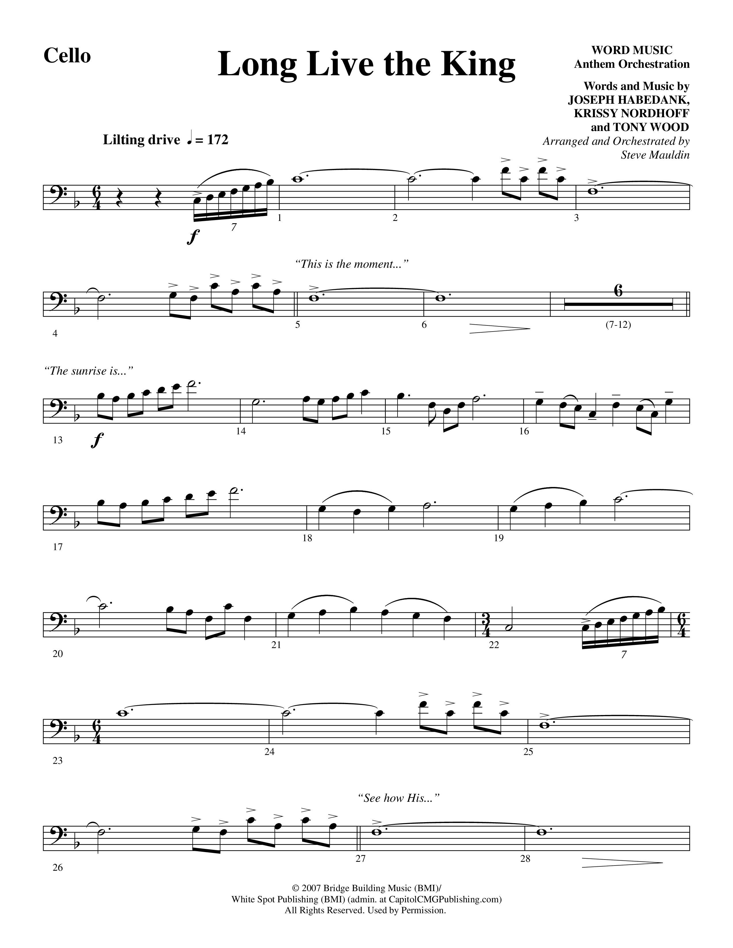 Long Live the King (Choral Anthem SATB) Cello (Word Music Choral / Arr. Steve Mauldin)