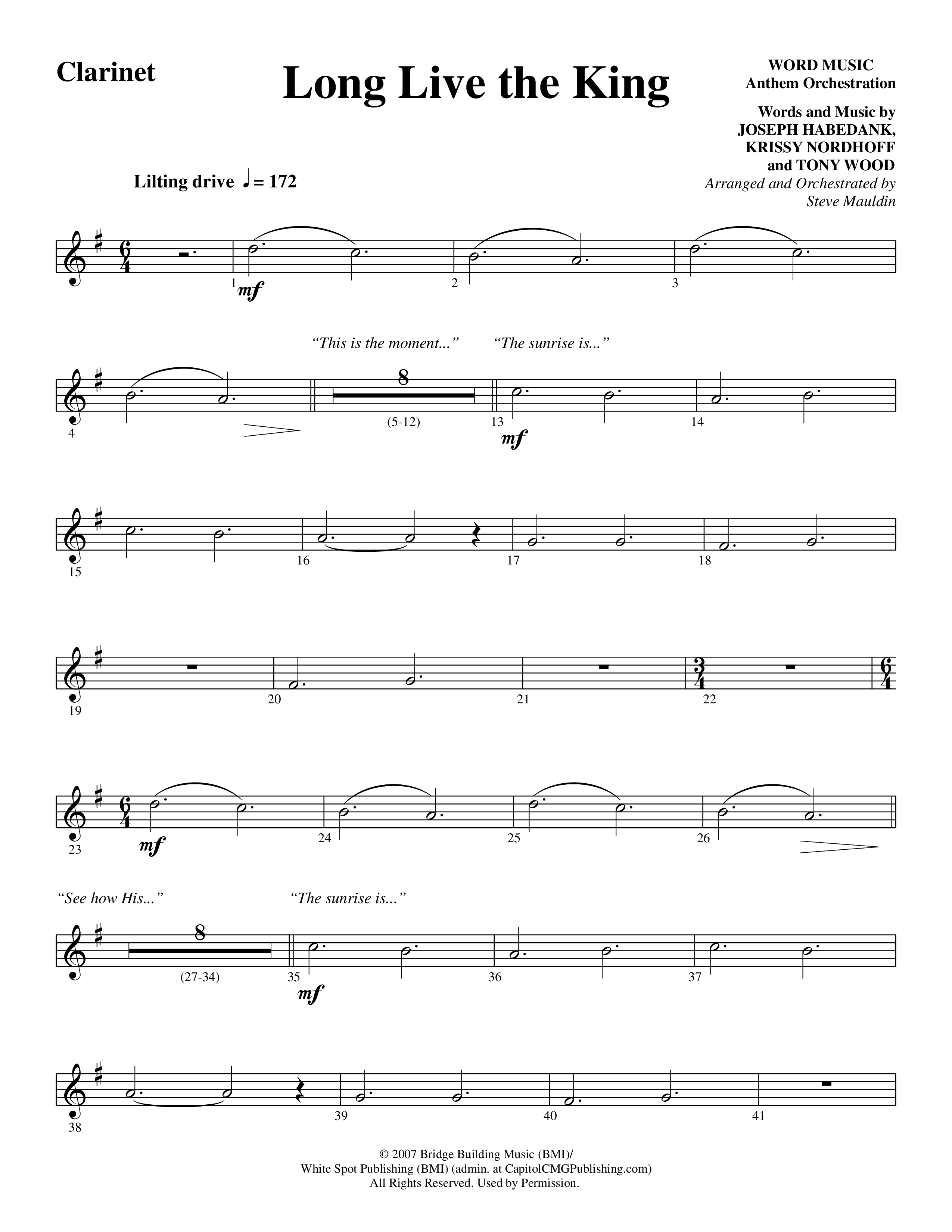 Long Live the King (Choral Anthem SATB) Clarinet (Word Music Choral / Arr. Steve Mauldin)