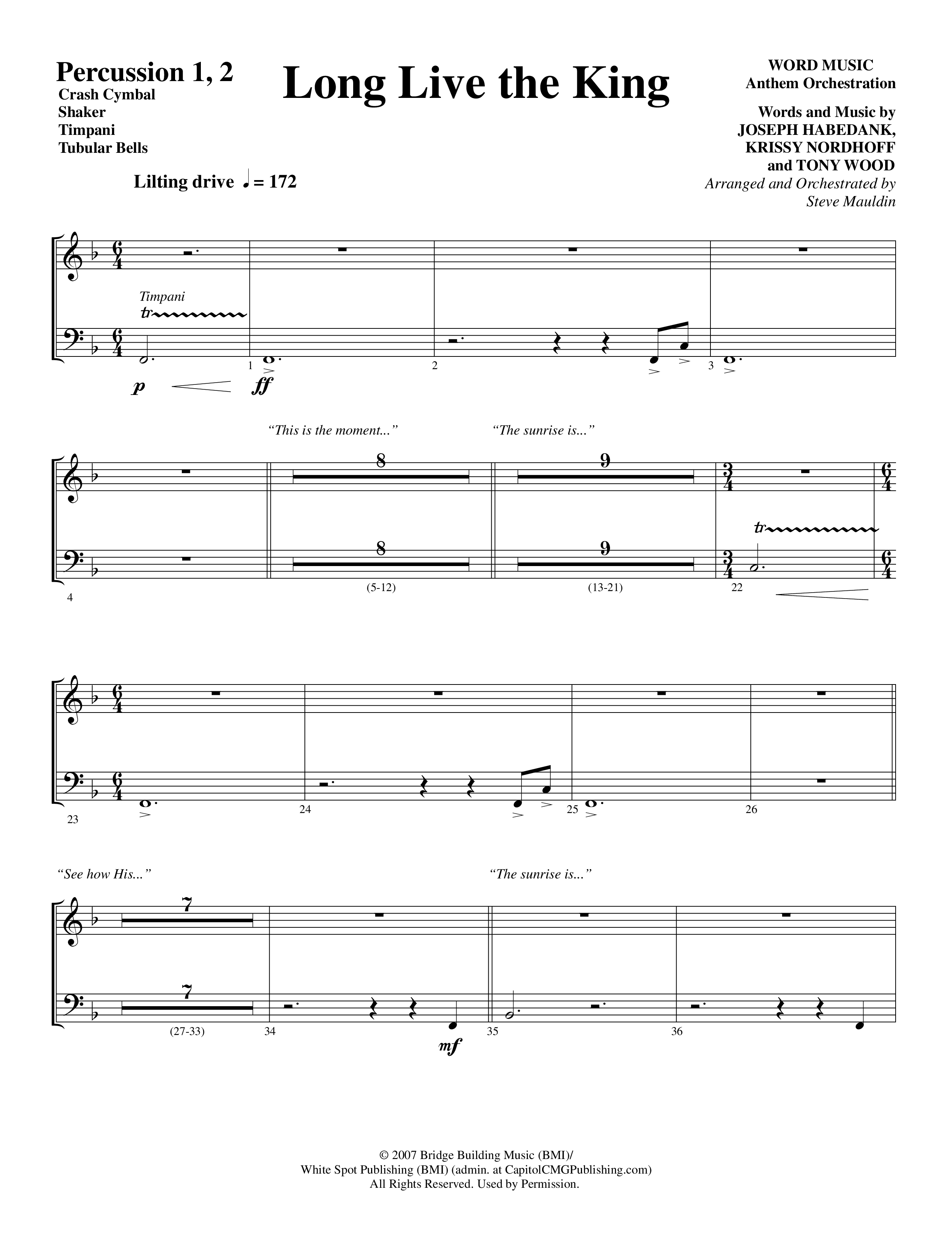 Long Live the King (Choral Anthem SATB) Percussion 1/2 (Word Music Choral / Arr. Steve Mauldin)