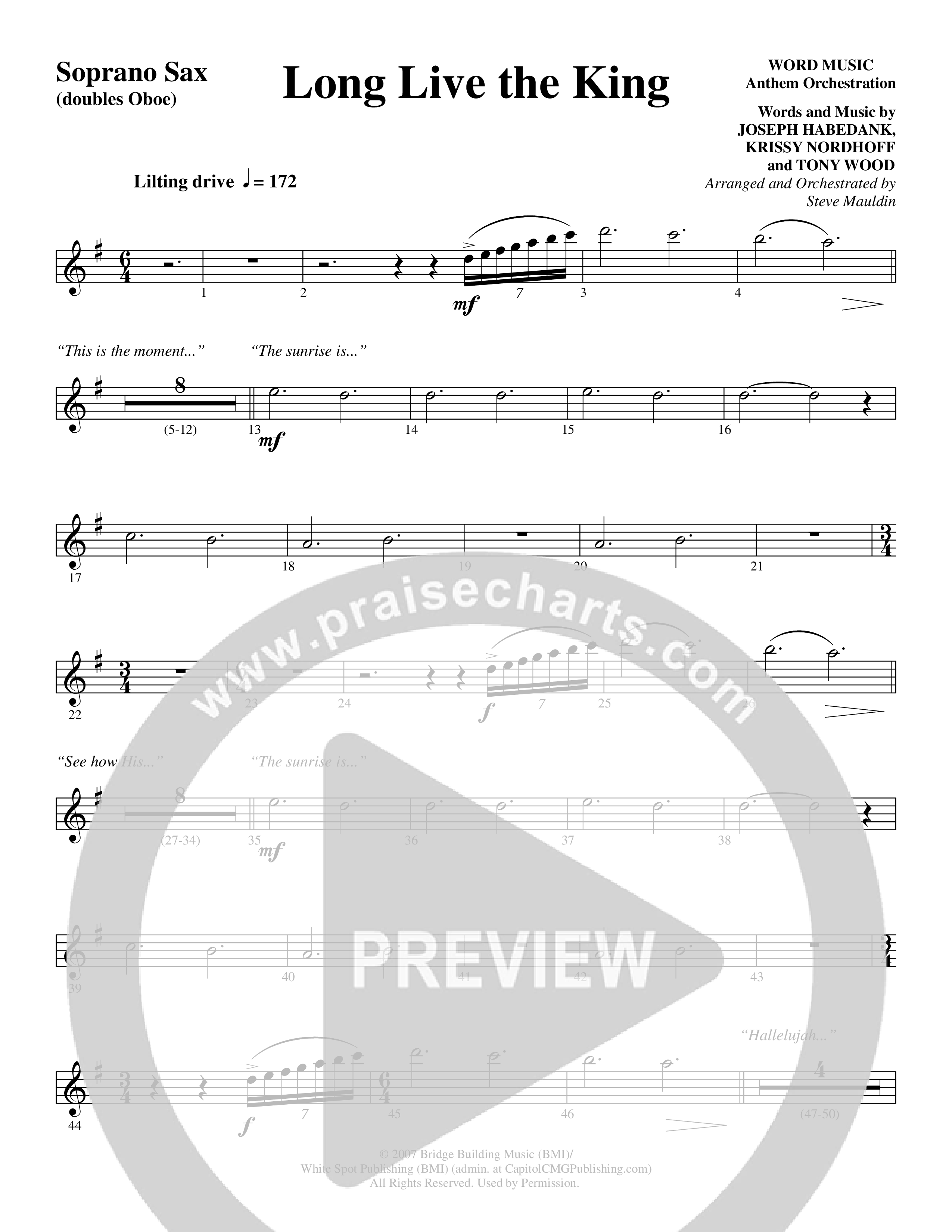 Long Live the King (Choral Anthem SATB) Soprano Sax (Word Music Choral / Arr. Steve Mauldin)