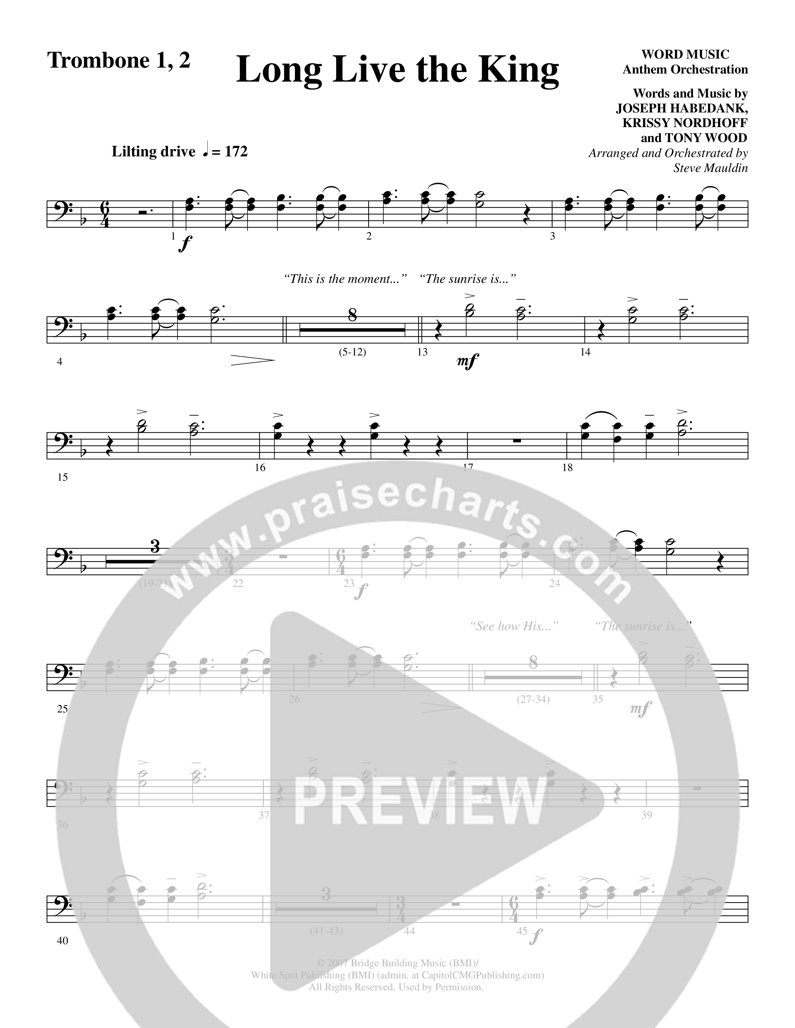 Long Live the King (Choral Anthem SATB) Trombone 1/2 (Word Music Choral / Arr. Steve Mauldin)