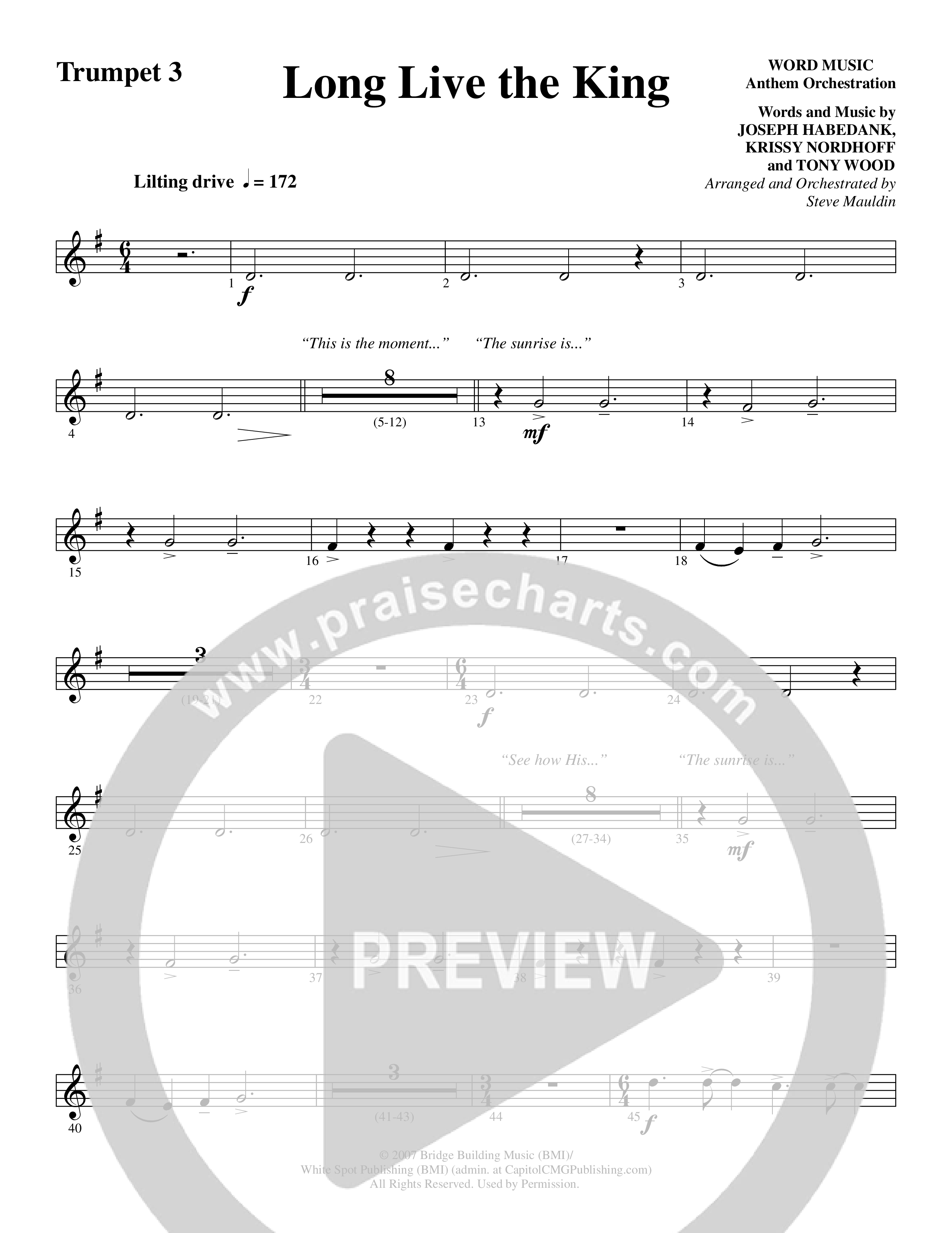 Long Live the King (Choral Anthem SATB) Trumpet 3 (Word Music Choral / Arr. Steve Mauldin)