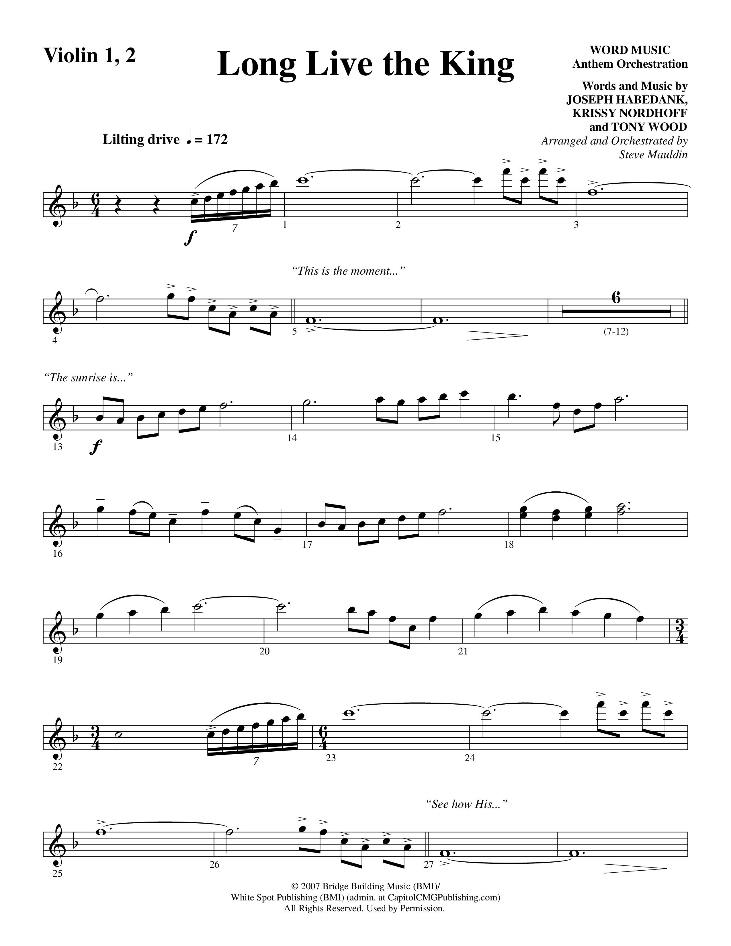 Long Live the King (Choral Anthem SATB) Violin 1/2 (Word Music Choral / Arr. Steve Mauldin)