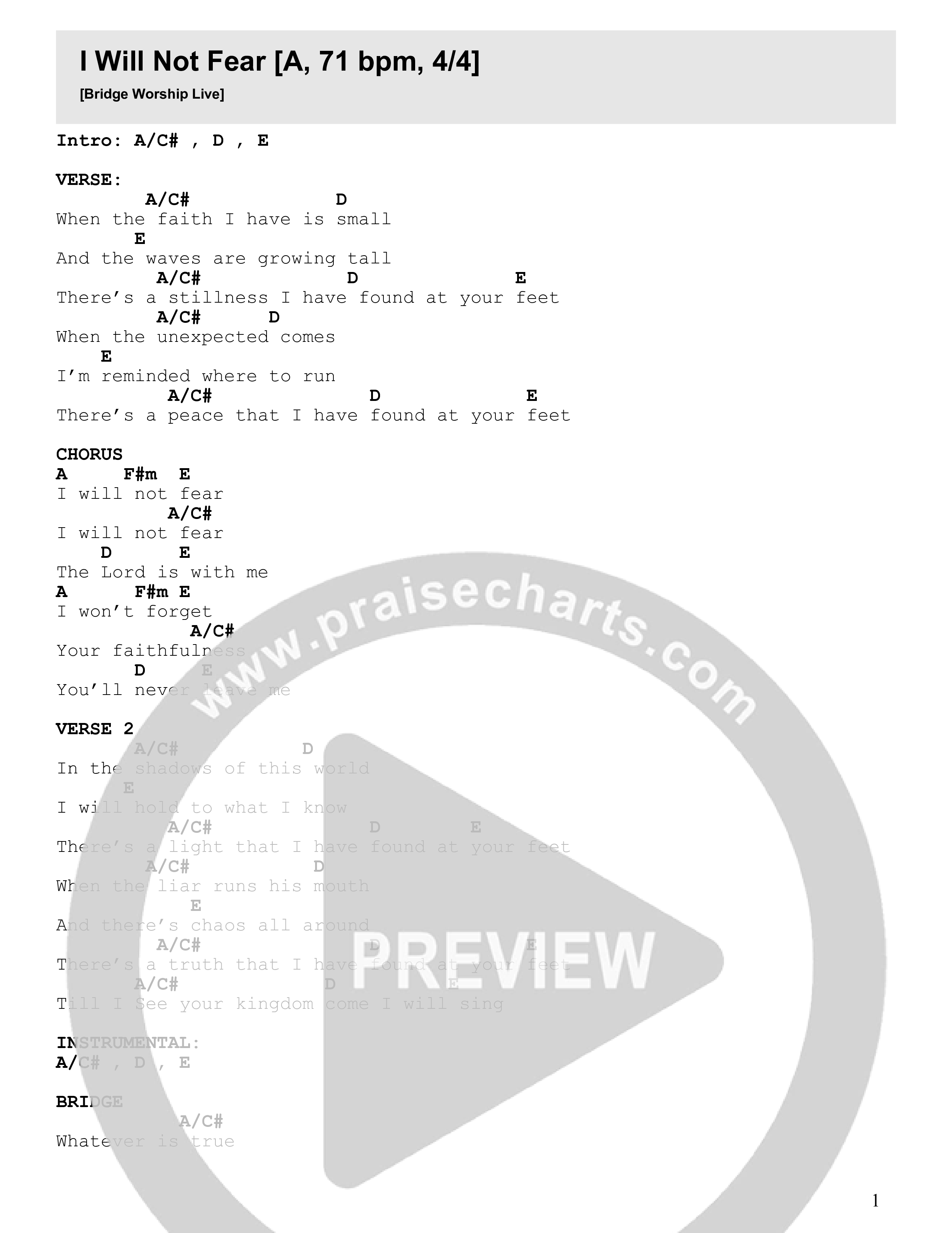 I Will Not Fear Chord Chart (Bridge Worship)