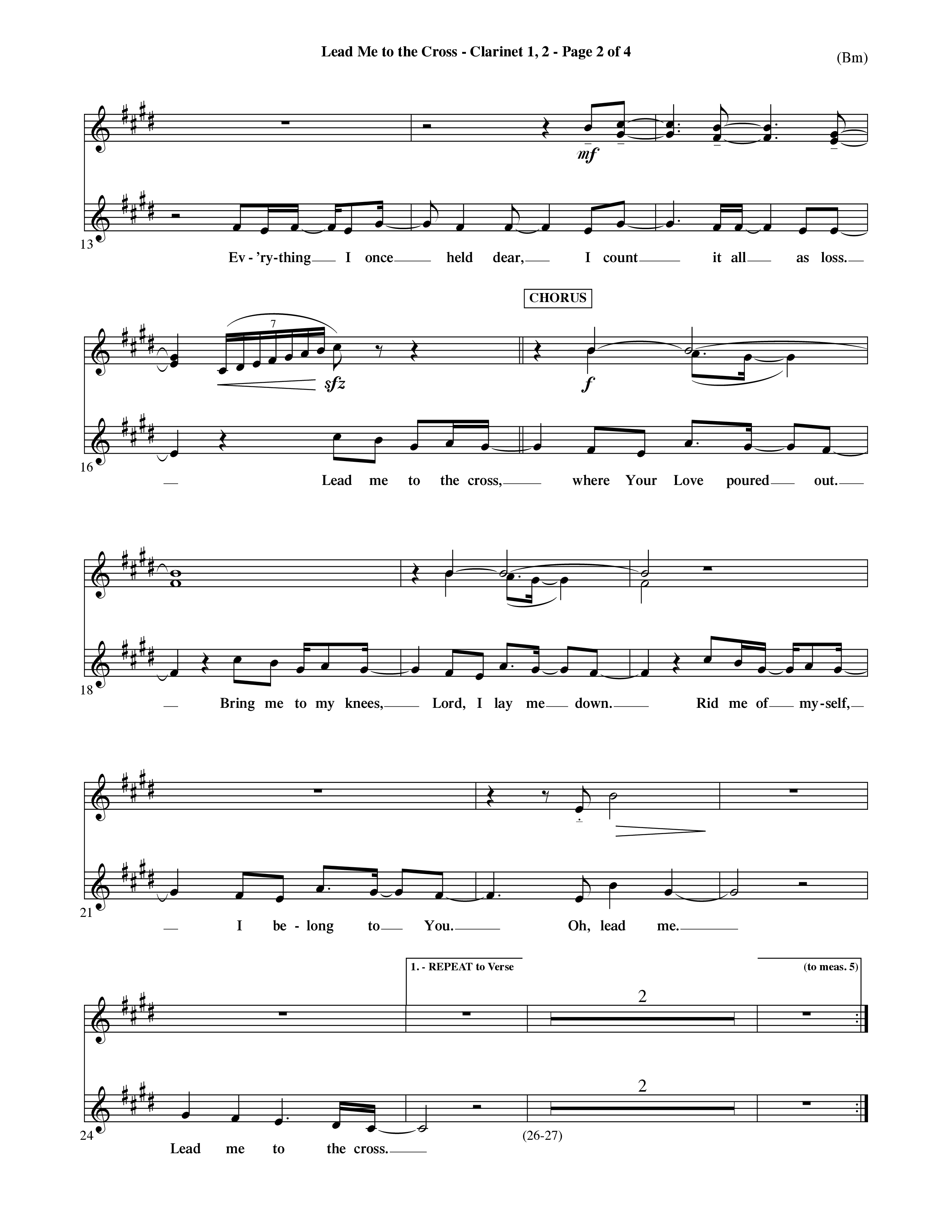 Lead Me To The Cross (Choral Anthem SATB) Clarinet 1/2 (Word Music Choral / Orch. David Shipps)