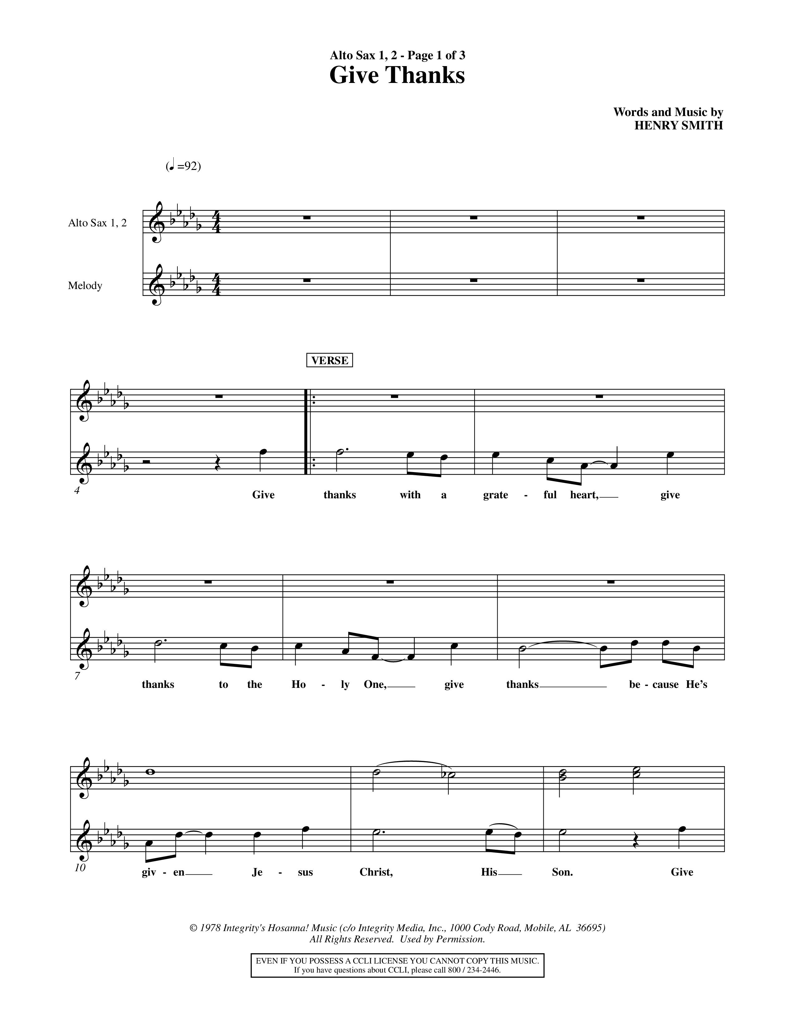 Give Thanks (Choral Anthem SATB) Alto Sax 1/2 (Word Music Choral)
